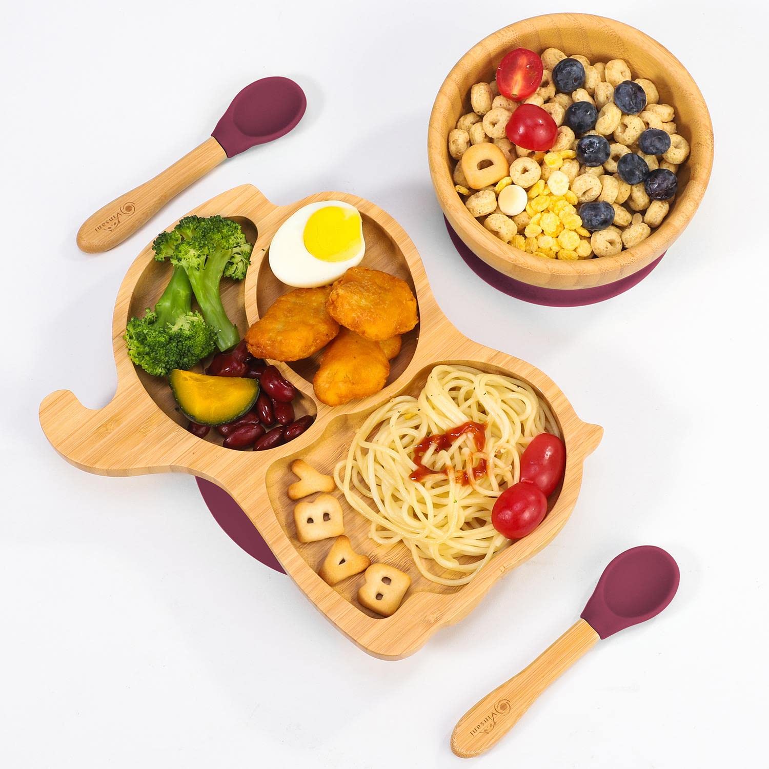Vinsani Bamboo Elephant Plate Bowl and Spoon Set for Baby Toddler Kids Children, Suction Plate, Stay-Put Non-Slip Base Design, Hypoallergenic, Food-Grade Silicone and BPA-Free Baby Feeding Set (Red)