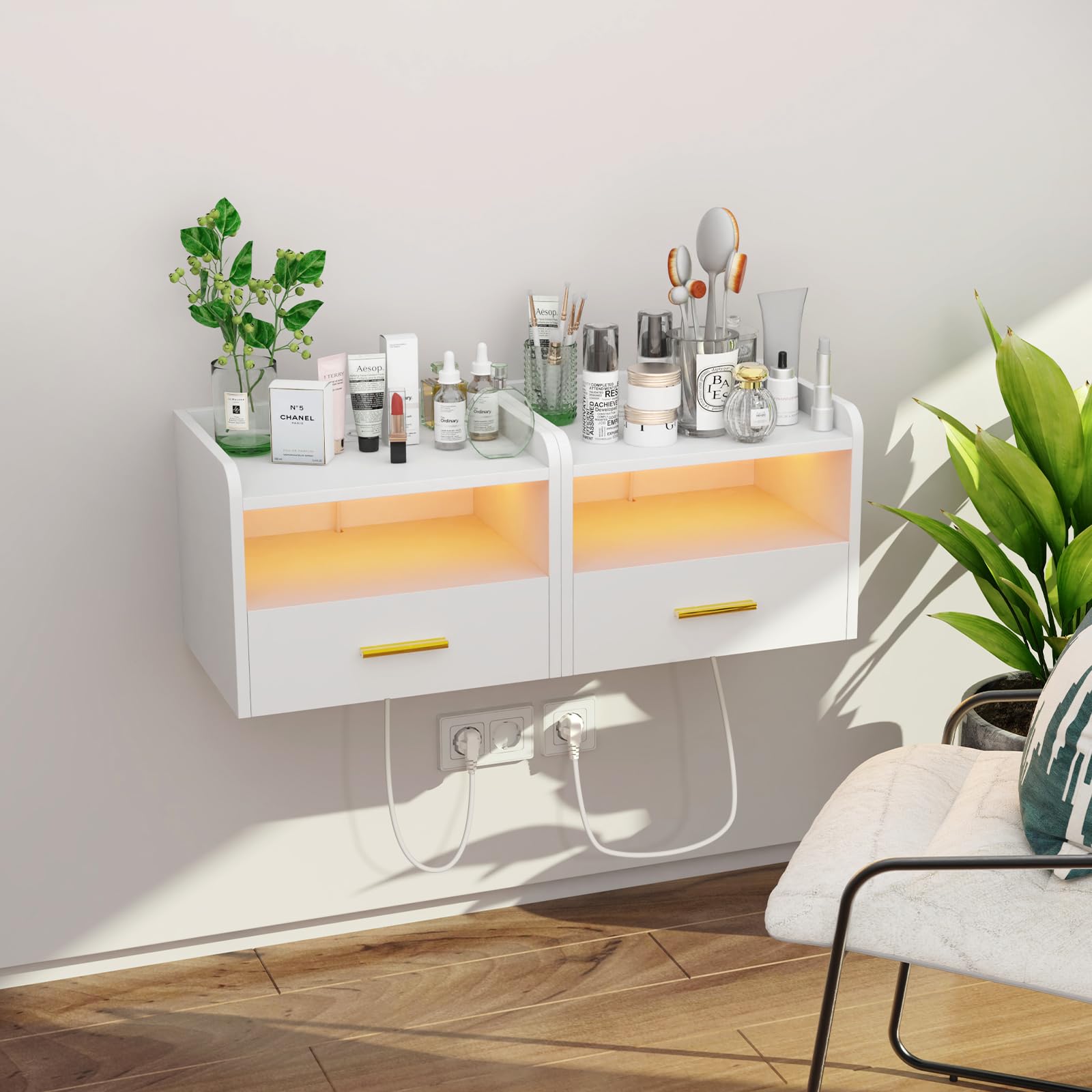Table de Chevet Murale LED, Table d'appoint avec Station de Charge, 16 Couleurs LED RVB, Compartiment Ouvert, Tiroir Coulissant, Plateau, pour Chambre, Salon 40x30x30cm