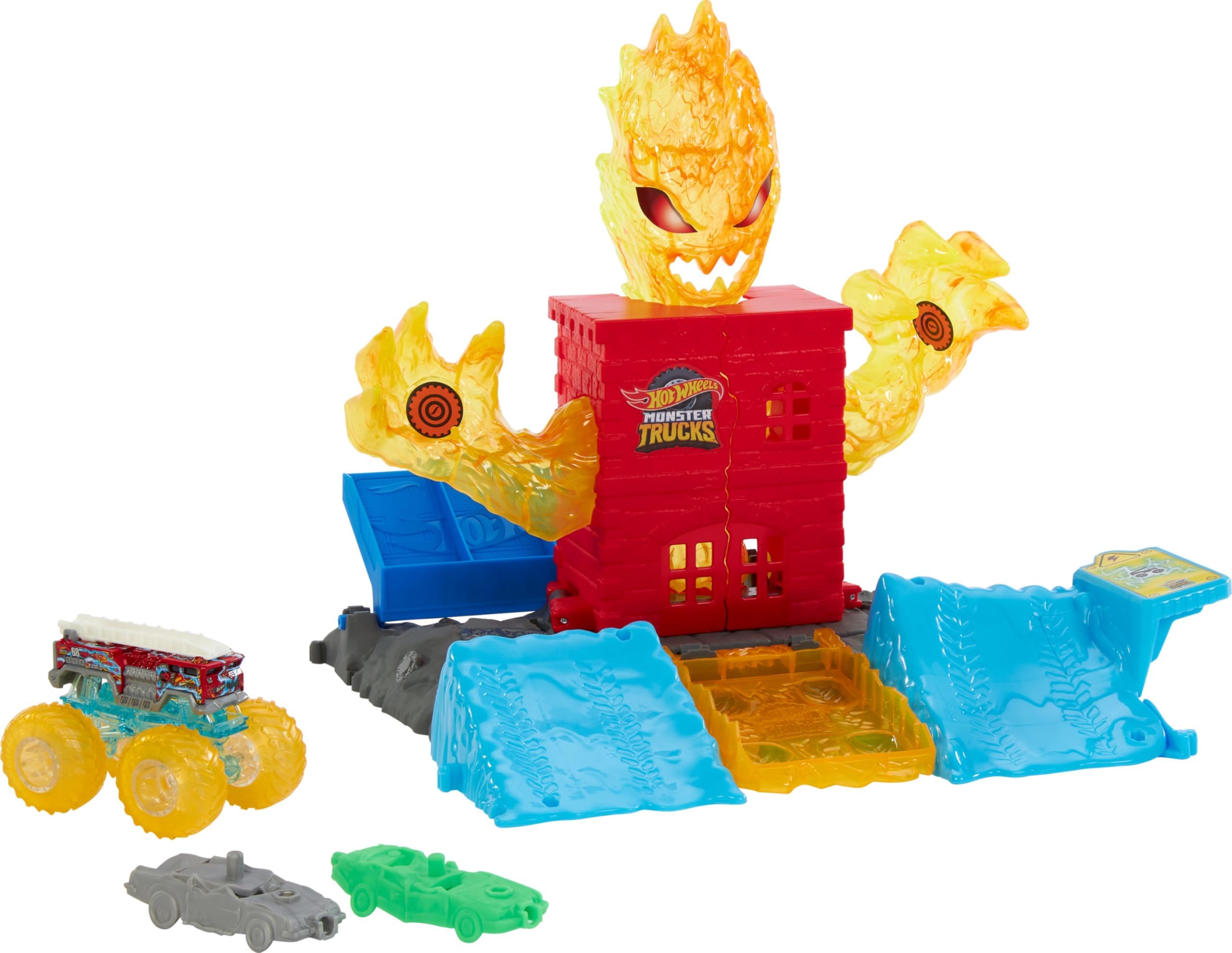 Monster Trucks Toy Playset, 1:64 Scale 5-Alarm Firetruck Battles the Fire Monster for a Funny Reveal, 2 Crushed Cars, Power Smashers