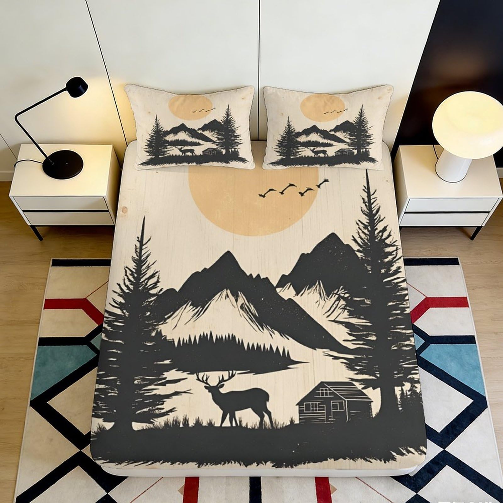 Pnayamiorkfel Style-2 3D Printed Mountain Landscape Fitted Sheet Microfiber Soft Breathable Deer Forest Bed Cover For Bedroom Guestroom Decor 90X200x25cm