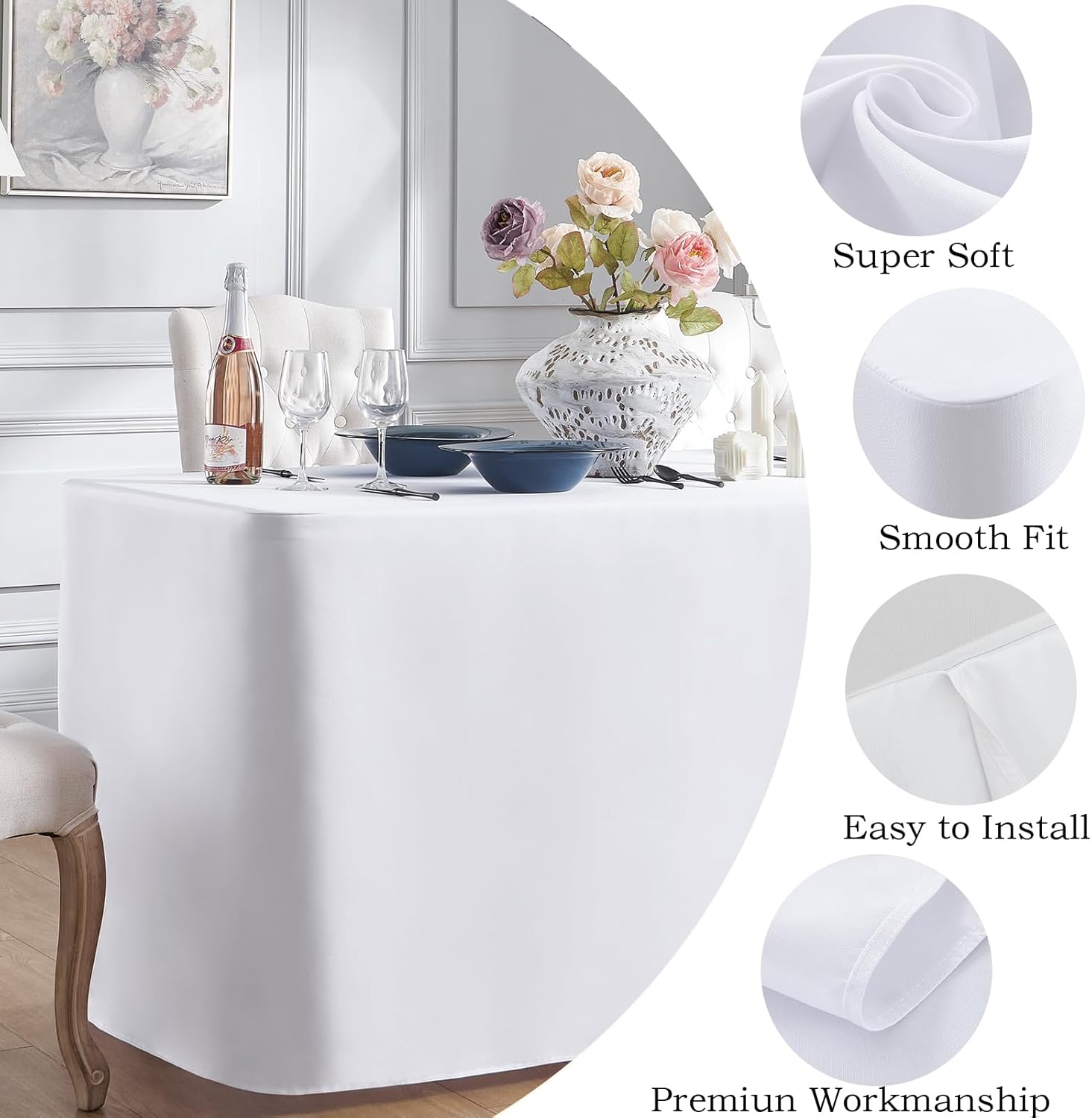 WHITE-8FT Tablecloth Fitted Table Covers for 8 Foot Rectangle Tables - Water Resistant Washable Fabric Polyester Table Clothes for Parties, Trade Show（96L x 30W x 30H Inches）