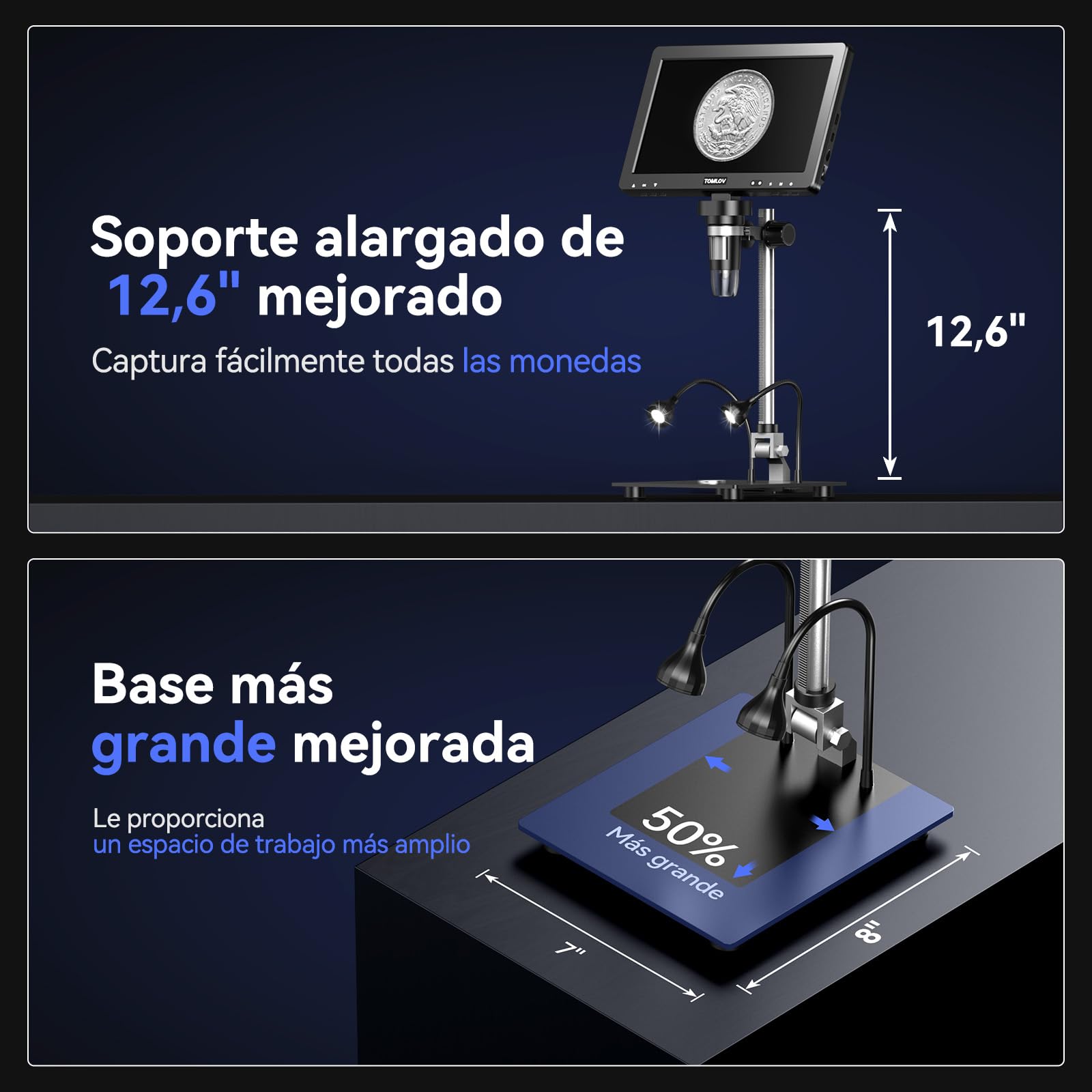 TOMLOV DM9 MAX 10,1" Microscopio Digital, 20MP Lupa para Monedas/Soldadura con Pantalla IPS HD, Regalo para Adultos/Niños, 10 Luces LED Ajustables, Compatible con PC/TV
