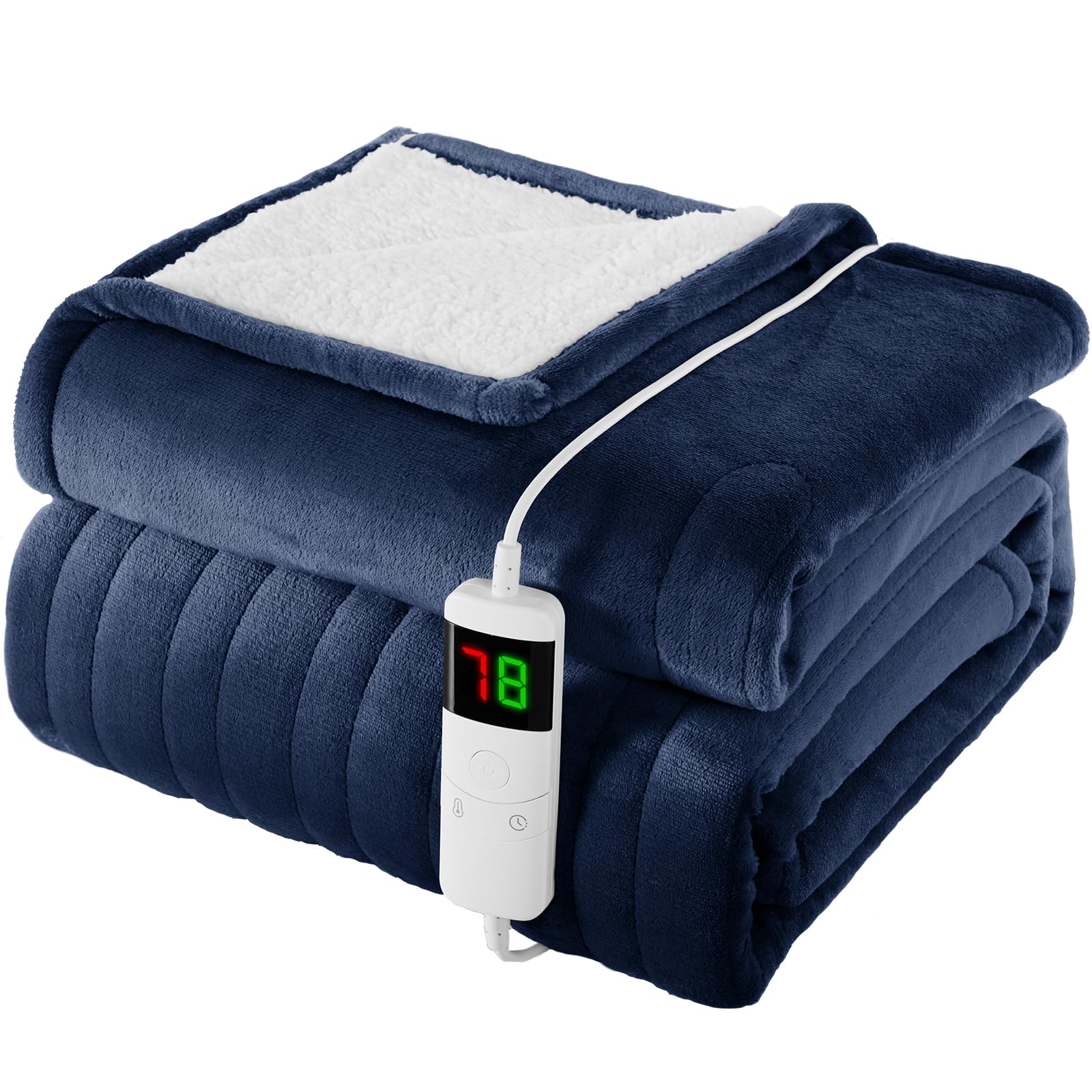 Homemate Heated Blanket Electric Throw - 130x160cm, 1/2/4/6/8 Hours Auto-Off 10 Heat Level Digital Control, Over-Heat Protection Flannel Sherpa Washable Blanket Navyblue
