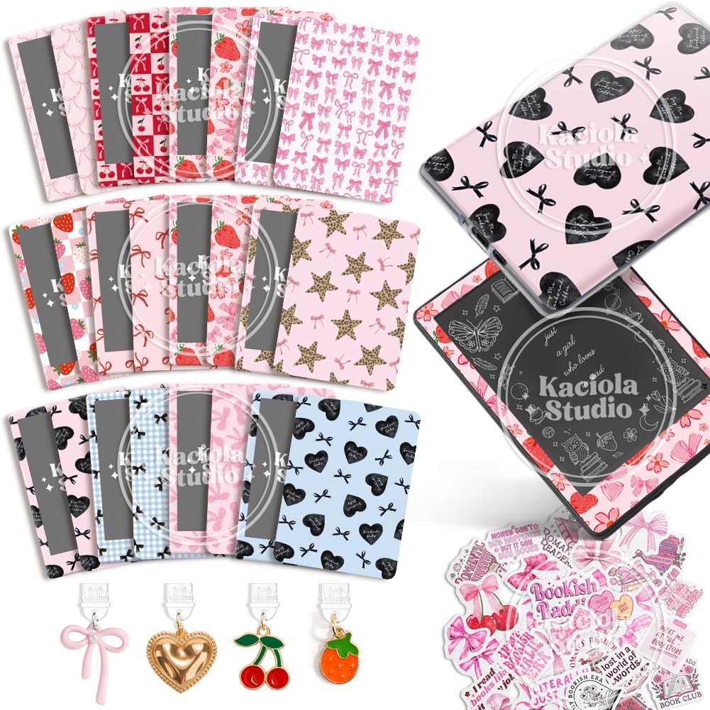 KACIOLA STUDIO 24PCS Pink Bow Skin for E-Reader, and 4PCS Type C Charms for E-Reader with Scrapbook Stickers, 6.9"x4.8" Skin Front and Back Decal Inserts for Paper White 11th (Pink Bow)