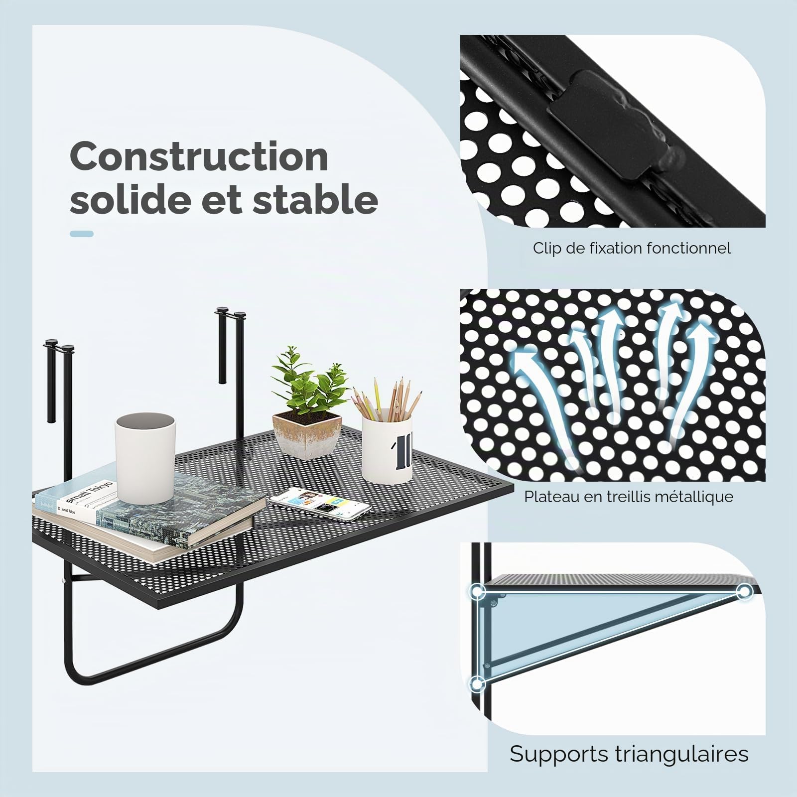 GIANTEX Table de Balcon Suspendue, Tableau en Maille, Table Pliante pour Balustrades jusqu'à 6 cm d'Épaisseur, Cadre en Métal, Support Triangulaire, pour Balcon, Terrasse, 60,5 x 50,5 x 51cm, Noir