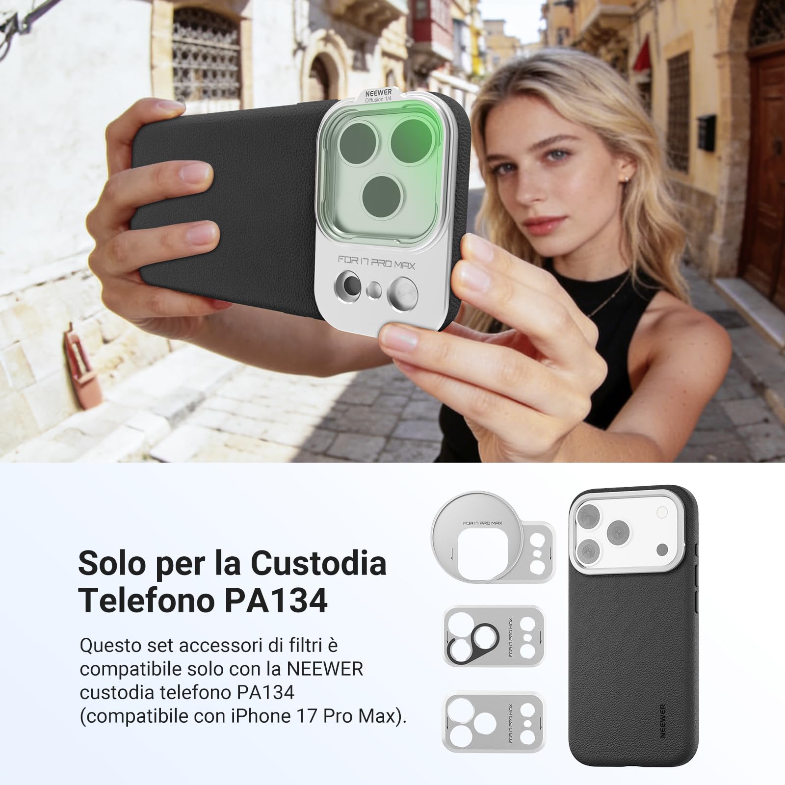 NEEWER Set Filtro ND Solo Compatibile con iPhone 17 Pro Max Case PA134 | Densità Neutra ND8/16/32/64 + Black Diffusion 1/4 Filtro Per Effetto Mist Cinematic + Backplate Magnetica, Argento