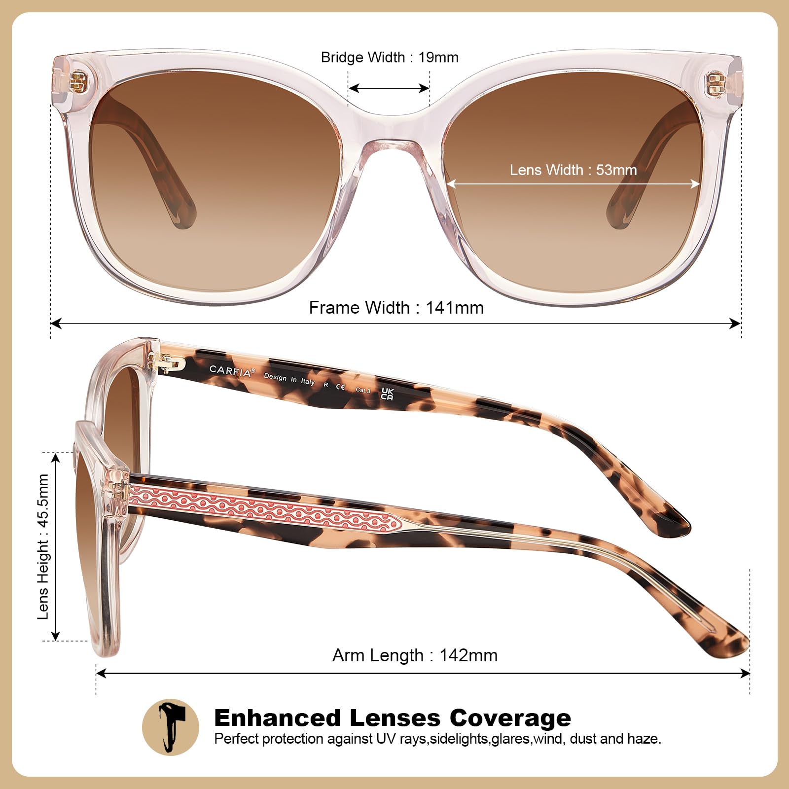 Carfia Occhiali da Sole Cat Eye da Donna Polarizzati Protezione UV Montature in Acetato Ipoallergeniche Fatti a Mano Stile Elegante Quotidiano e Retro CA5398