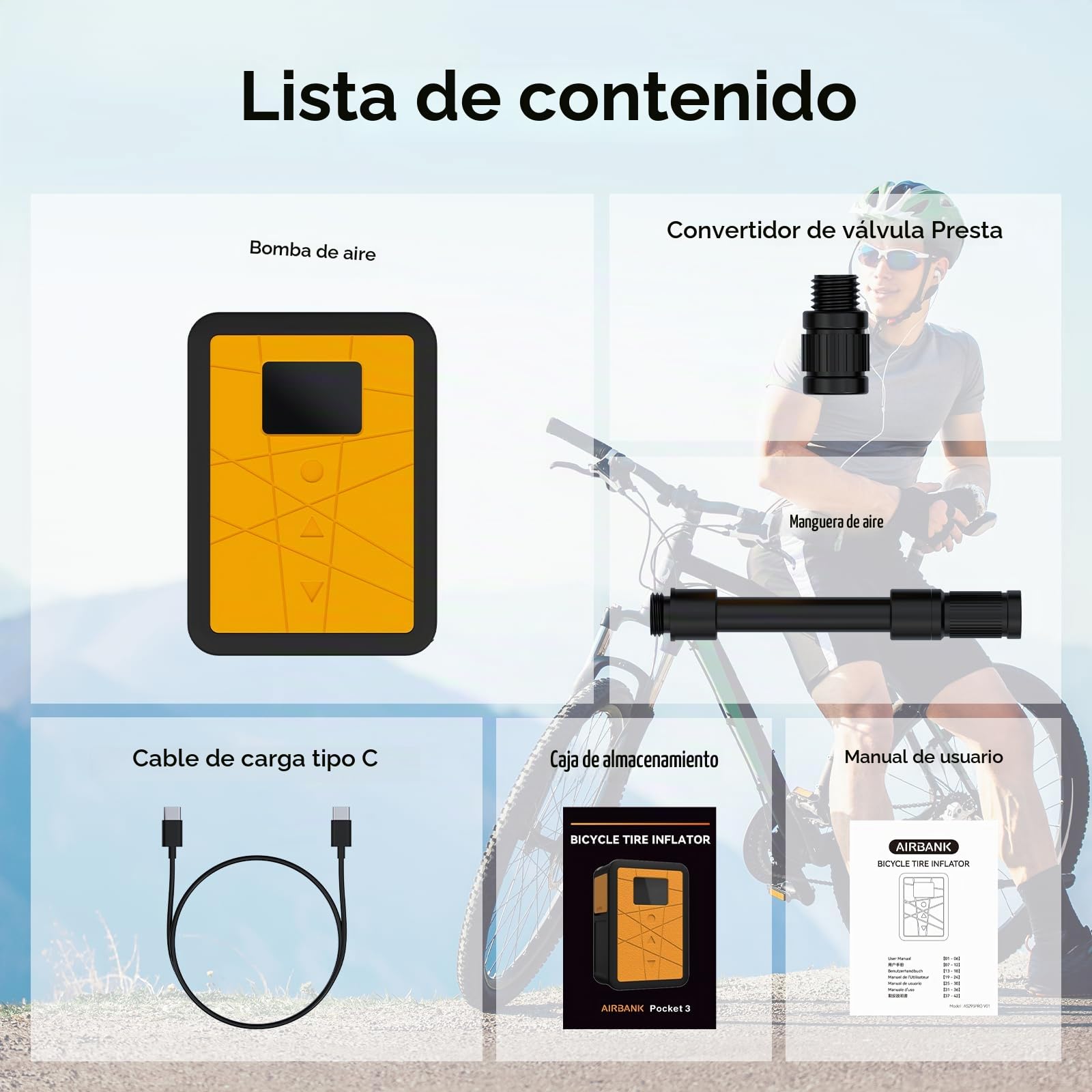 AIRBANK Minibomba Impermeable para Bicicleta con manómetro,600 mAh,Pocket 3