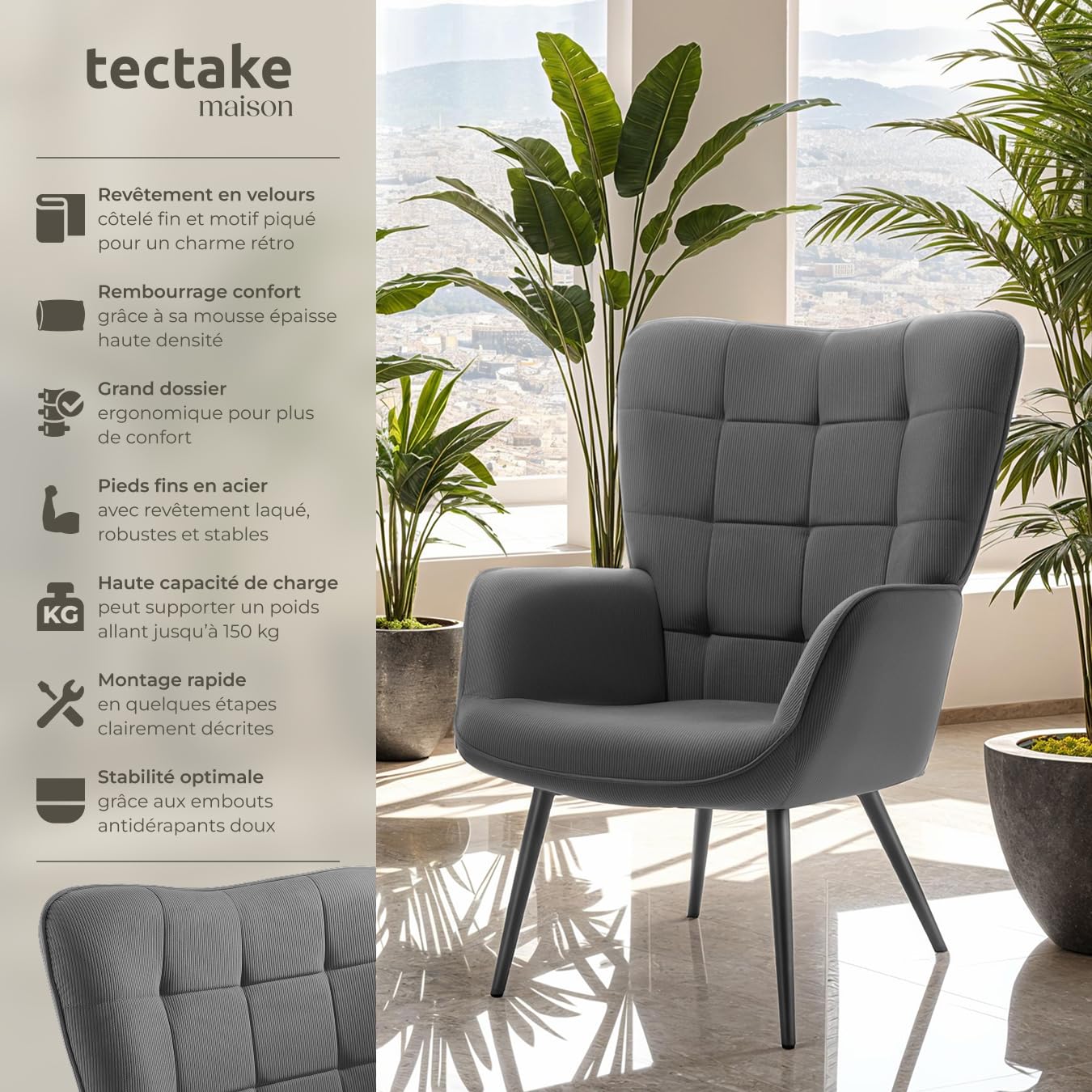 tectake® Fauteuil Relax Confortable en Velours côtelé Fauteuil Scandinave Moelleux avec Accoudoirs & Dossier Ergonomique pour Salle à Manger, Salon, Chambre, Siege Bureau, Allaitement Gris/Noir