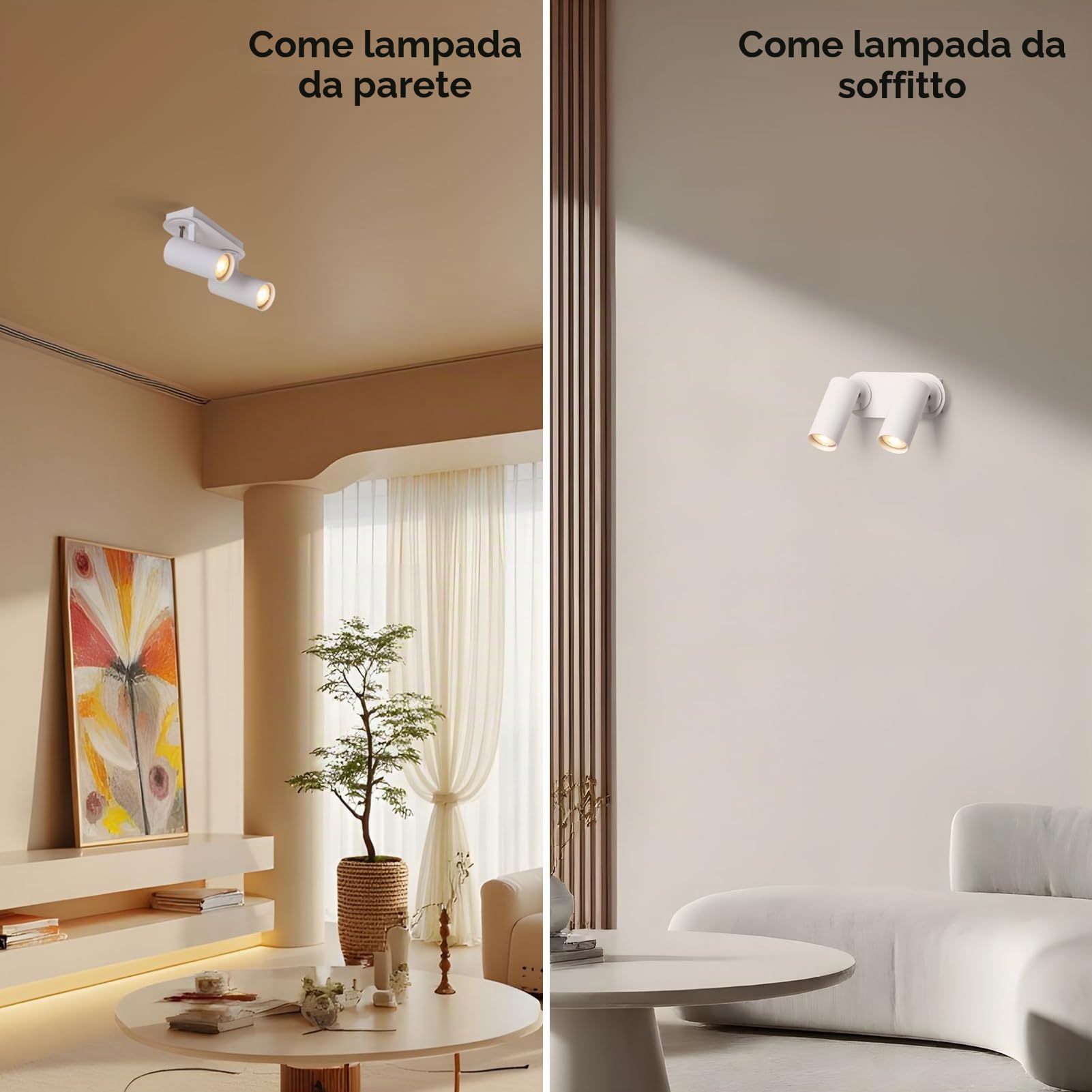 DAWALIGHT Faretti LED Soffitto 2 Punti Luce GU10 5W 3000K Bianco caldo Plafoniera Orientabile Faretto da Parete Lampada Soffitto per Interno Barra Vetrina Cucina Camera da Letto Soggiorno
