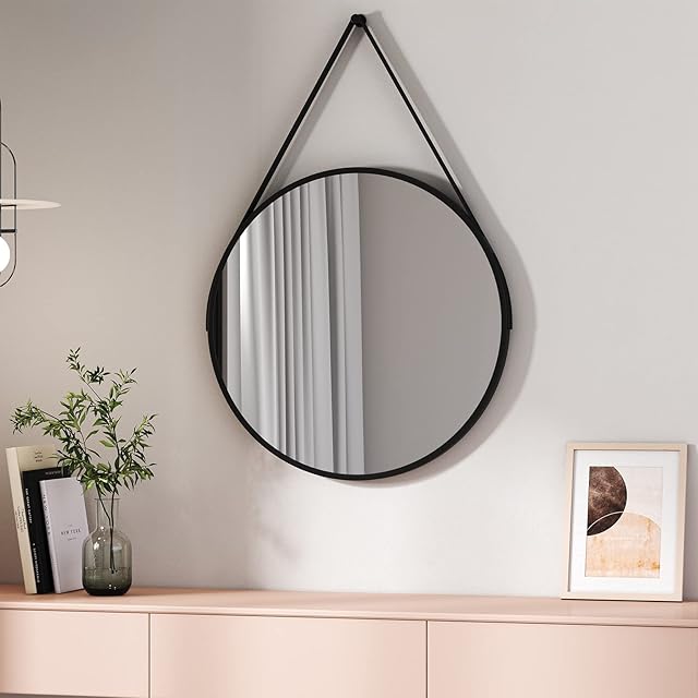 EMKE Bathroom Mirror 600mm Large Circle Mirror Round Mirror Wall Vanity Mirror Framed Hanging Makeup Mirror Decoration for Bathroom Bedroom Living Room Entrance Dressing Room, Black