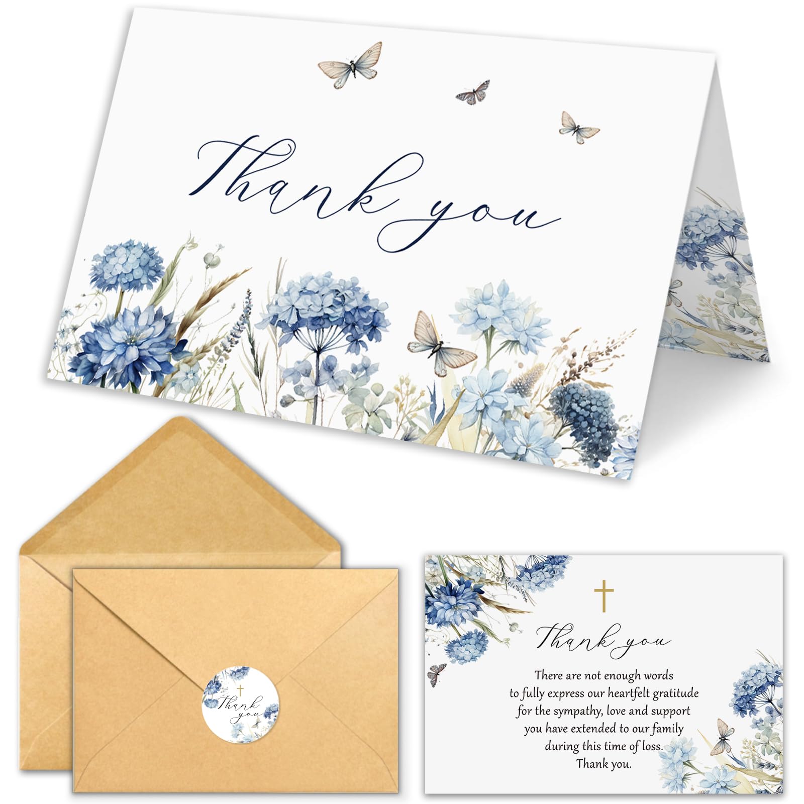 CYGGUN 25 Pcs Funeral Thank You Cards with Envelopes, 4×6 In Watercolor Blue Flower Bereavement Card for Funeral Family Friends Loved Ones Celebration