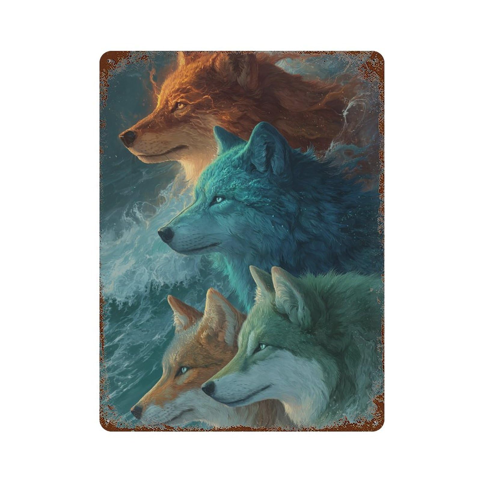 Garage Style Wolf Spirit Trio Rusty Metal Tin Sign 15.7"x11.8", Shabby Chic Decor for Bar And Workshop