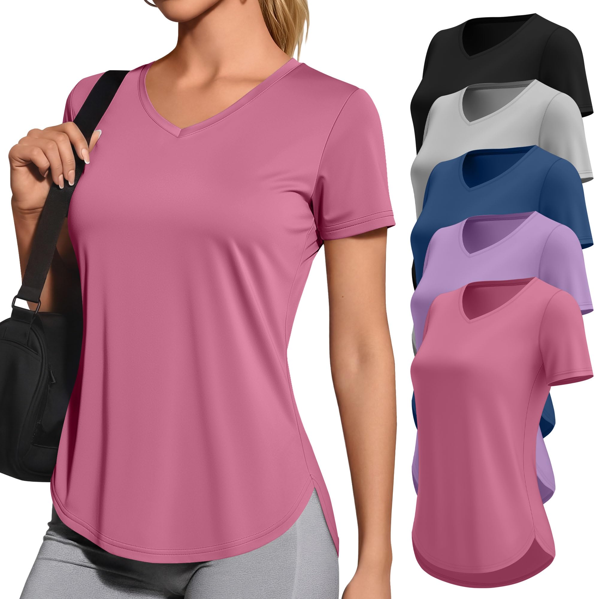 5 Pack Womens Workout Shirts V Neck Quick Dry Tops UPF 50 Short Sleeve UV Gym Basic Tee