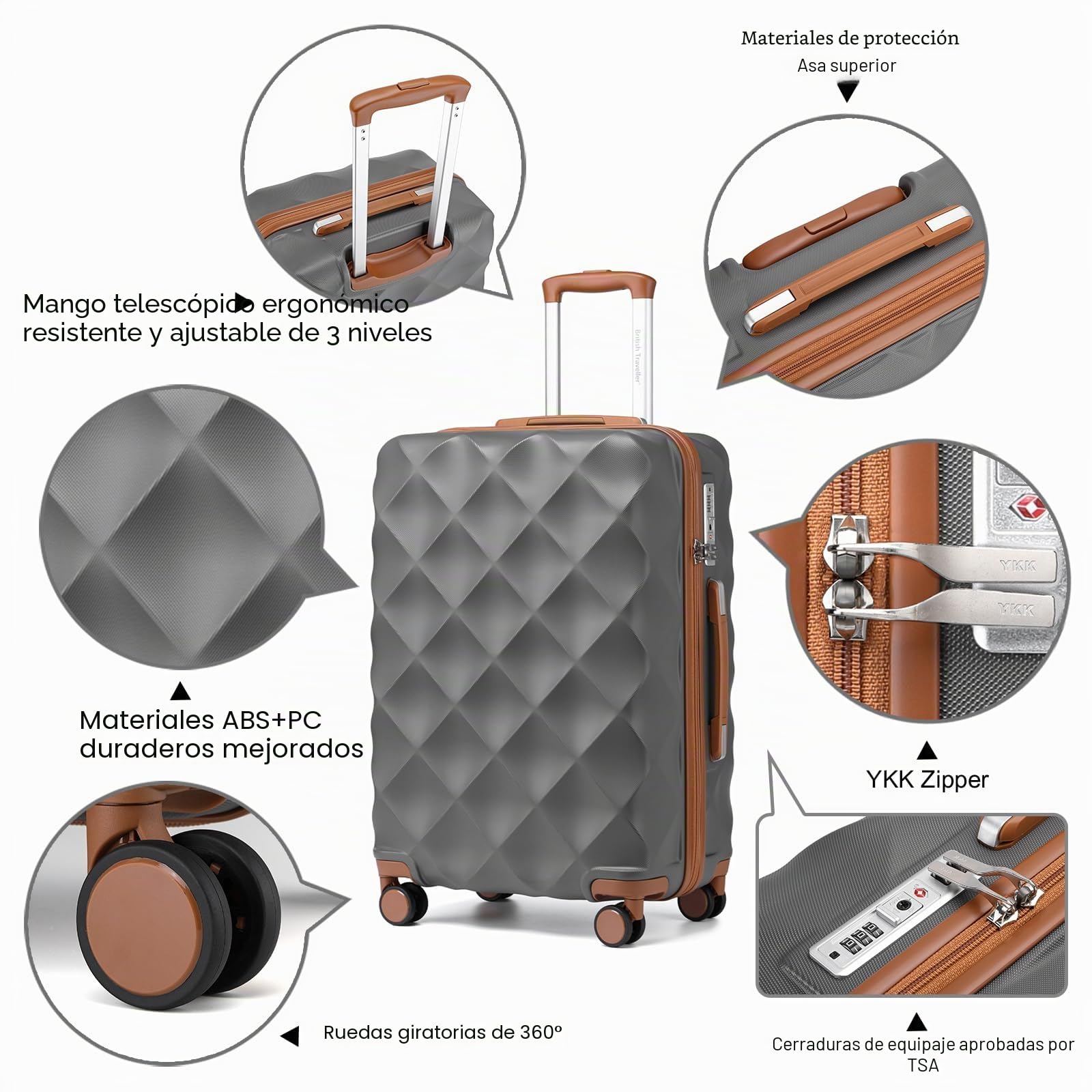 British Traveller Equipaje Duradero de ABS + PC con 4 Ruedas giratorias TSA Lock YKK Zipper