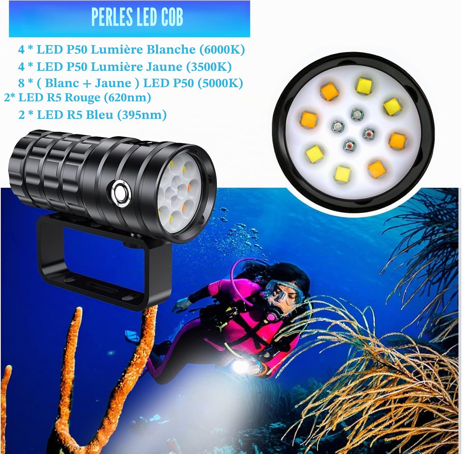 Lampe de plongée pour photographie sous-marine, 25 000 lumens, lampe de poche de plongée super lumineuse, étanche à 100 m, lumière vidéo sous-marine avec charge de type C, professionnelle pour