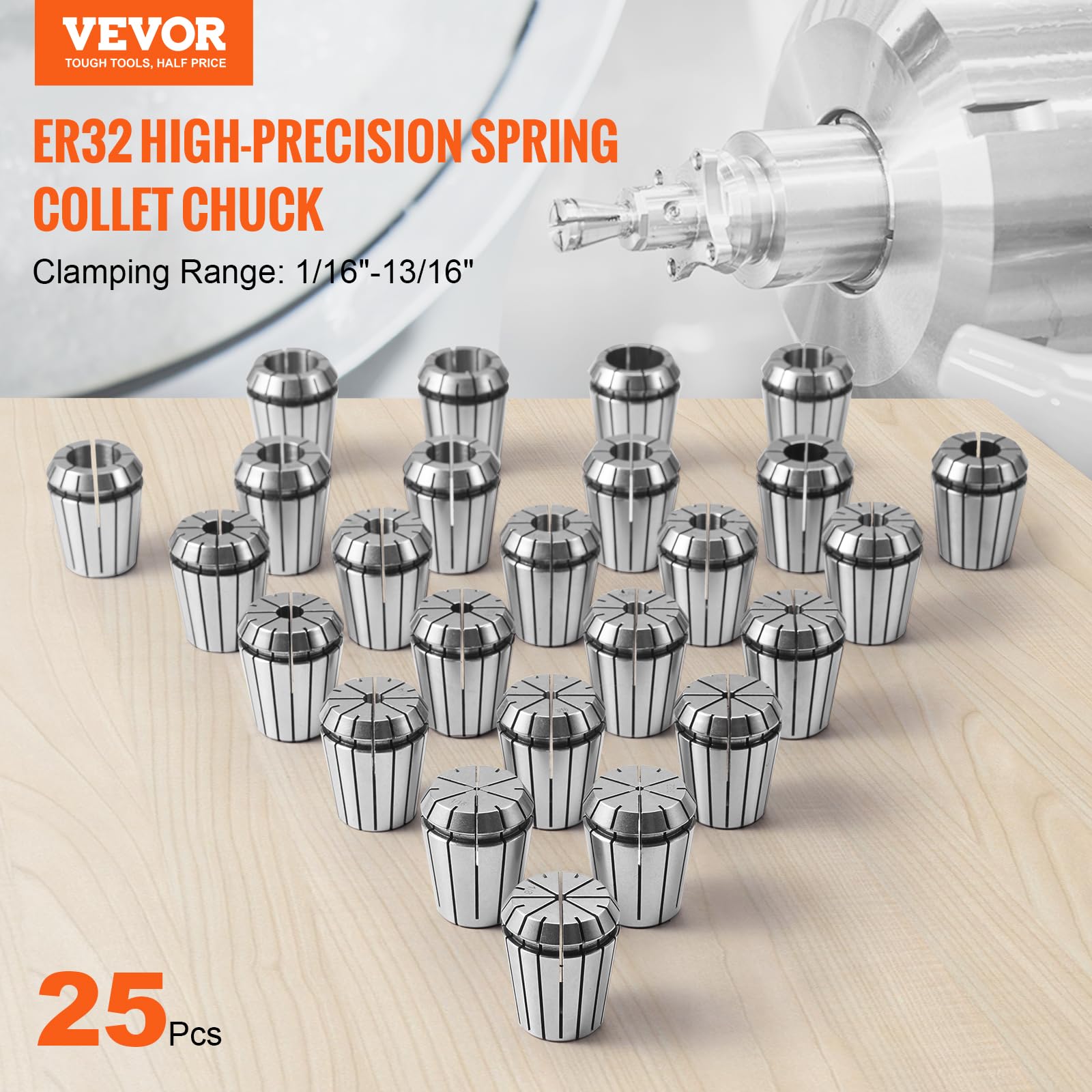 VEVOR Zestaw tulei zaciskowych ER32, 1/16''-13/16'', zestaw zacisków zaciskowych ER32, 0 cm/15 μm narzędzie tokarskie TIR z 25 etykietowanymi pudełkami do przechowywania, do grawerowania CNC,