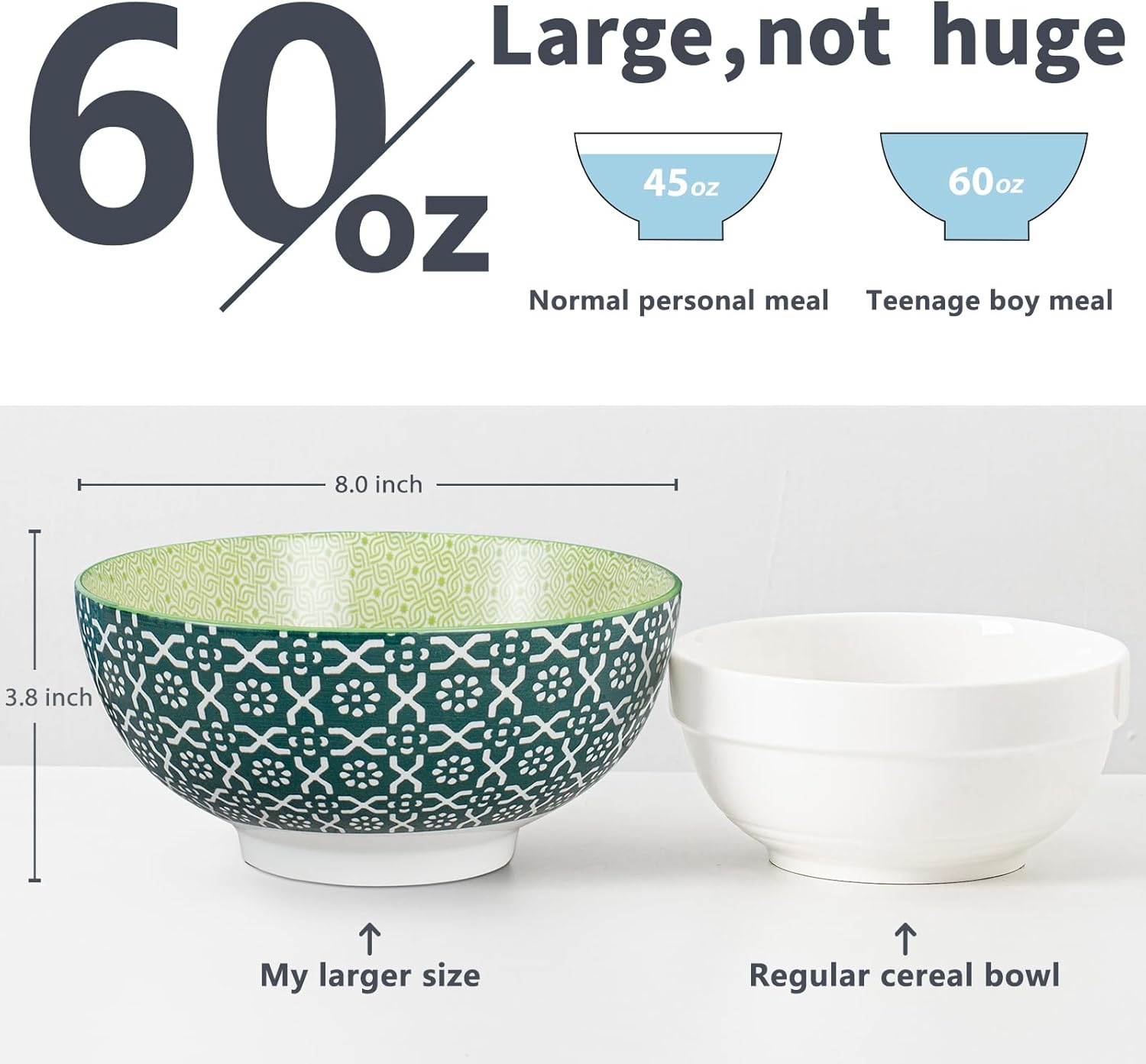 Large Serving Bowls - 60 oz Ceramic Salad Bowl - 8 Inch Serving Bowl Set - Big Soup Bowl For Kitchen - Microwave & Dishwashers Safe - Pho Fruit Pasta Popcorn Bowl - Set of 3 - Image 3