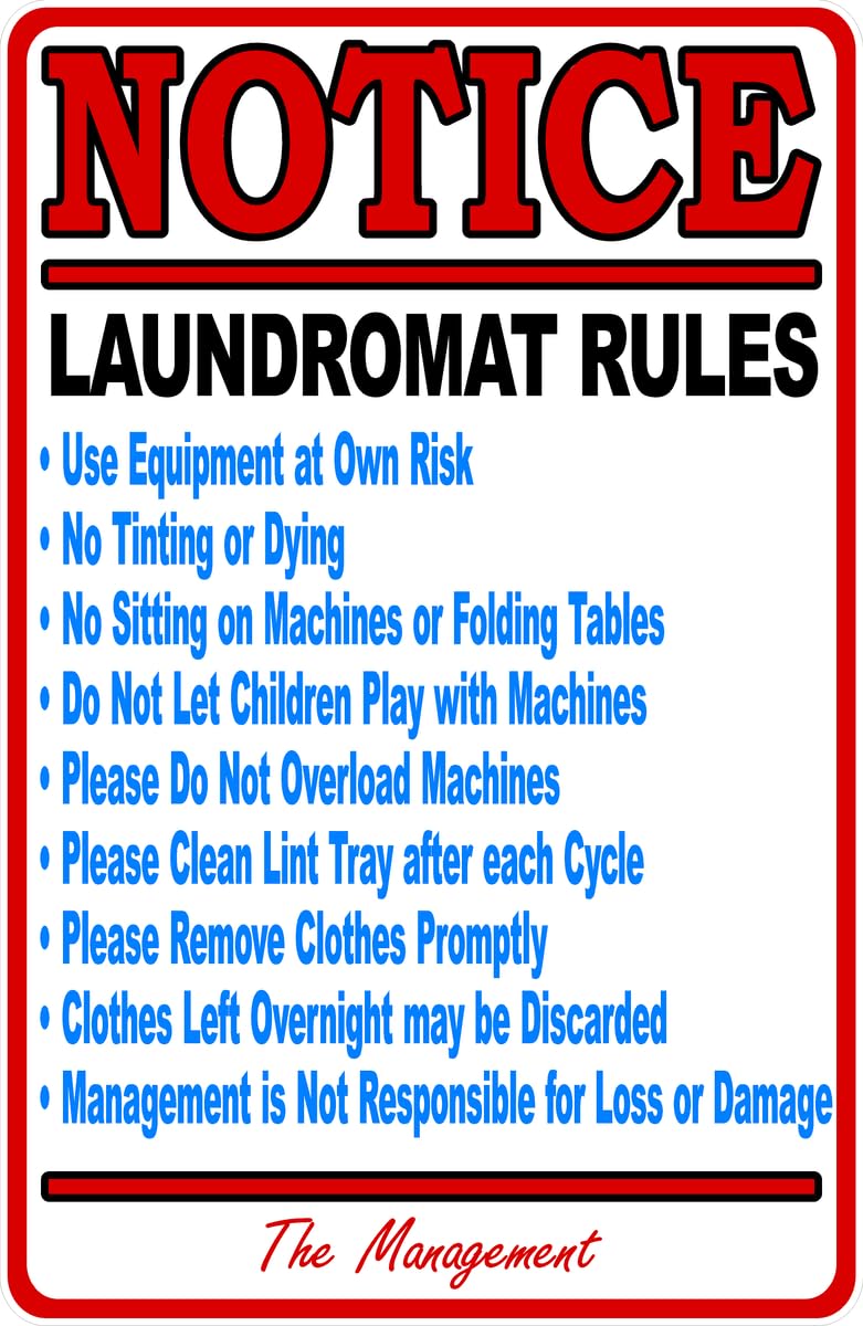 Notice Laundromat Rules Sign English or Spanish Business (X1348) Metal Tin Signs 12 x 16 Inches Safety Caution for Indoor or Outdoor