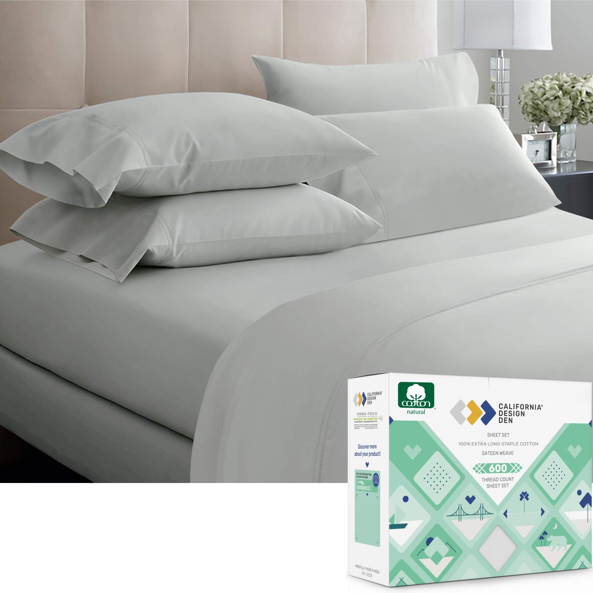 California Design Den5 Star Luxury King Sheets Set 100% Cotton, 600 Thread Count Deep Pocket, Snug Fit, Soft & Crisp Cooling Cotton Sheets with Sateen Weave 4 Piece Set (King, Light Gray)