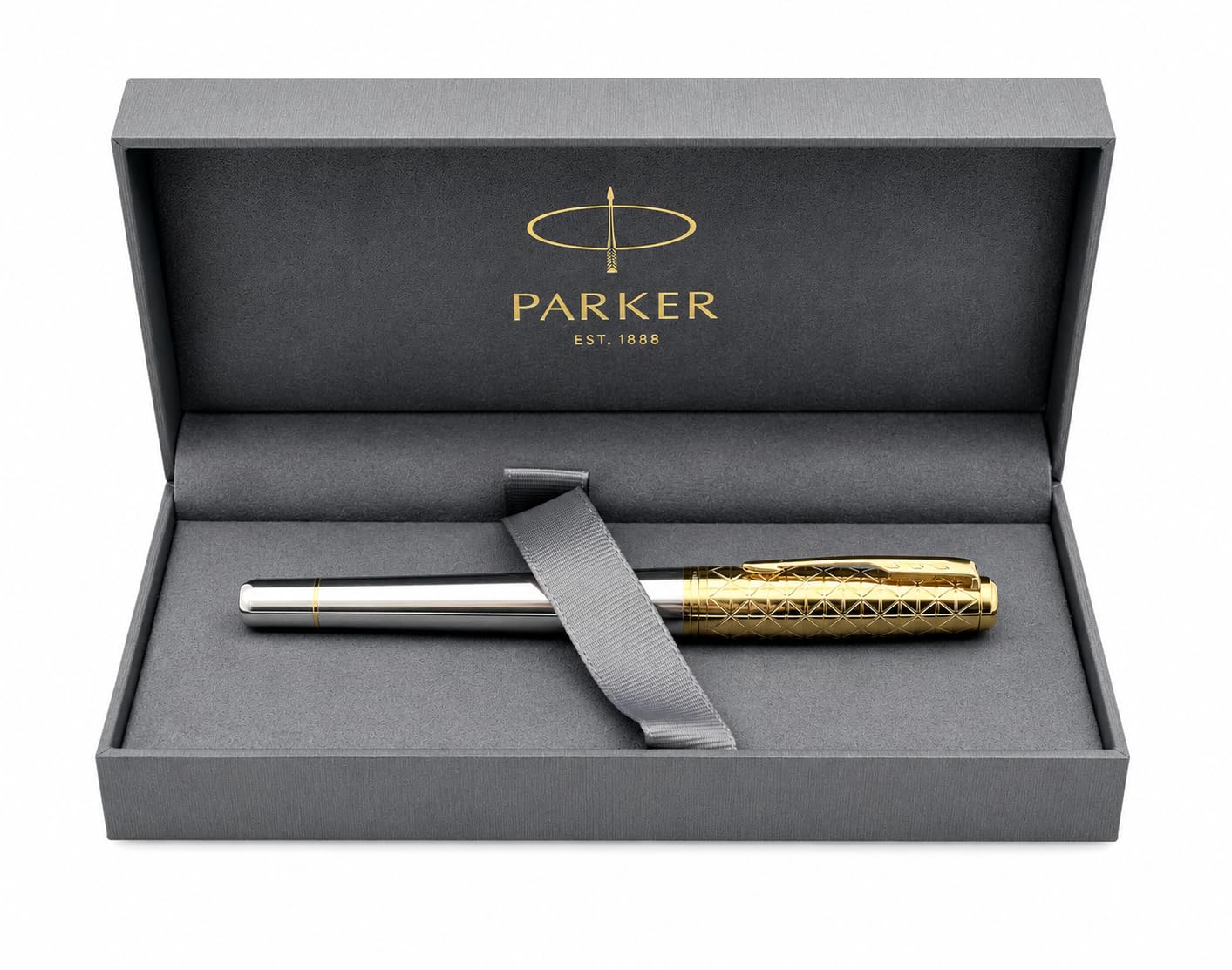 Parker Pen Urban Premium Stylo plume en métal – Poudre d'auréate avec motif gravé complexe – Bordure dorée – Pointe moyenne – Encre noire – Boîte cadeau de luxe