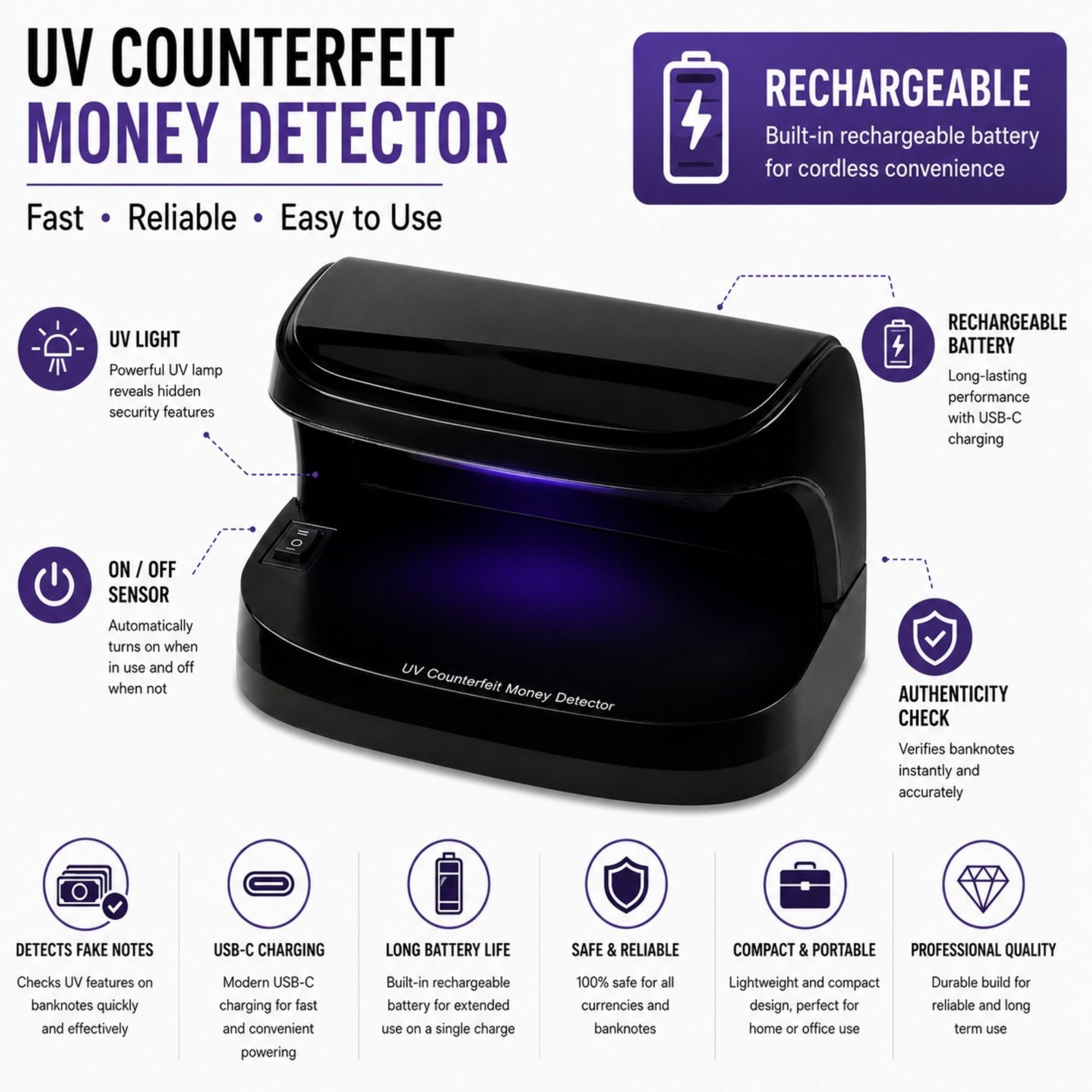 Detector de dinero falsificado, luz LED UV, detector de dinero falsificado para todas las empresas, comprobador de notas detecta fácilmente billetes falsos, comprobador de dinero para probar la