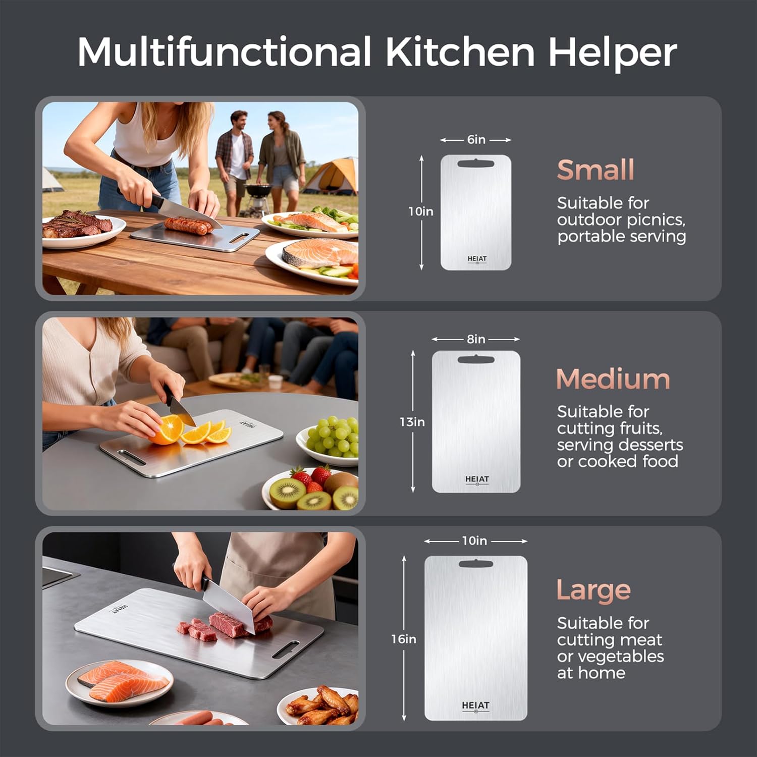 Titanium Cutting Board Set of 3, 100% Pure Titanium Cutting Boards for Kitchen, Non-Toxic, Double-Sided Chopping Boards for Raw & Cooked Food, Handles Included, Dishwasher Safe(M+L+XL)