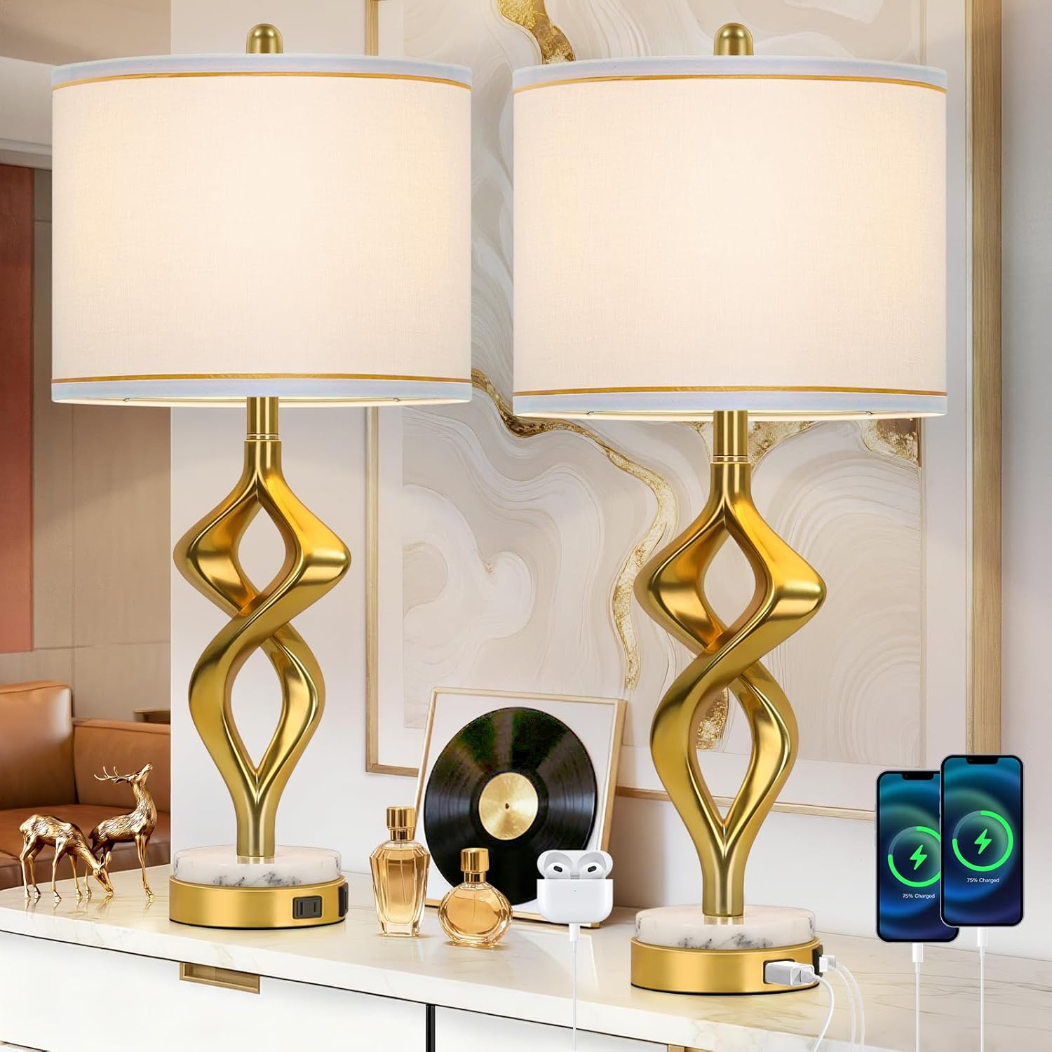 28.5" Modern Sculptural Living Room Table Lamps Set of 2 with USB A+C & AC Outlet, Gold Bedside Table Lamps with White Marble Base & Linen Shade, Nightstand Lamps for Bedroom Study Office Hotel Bar