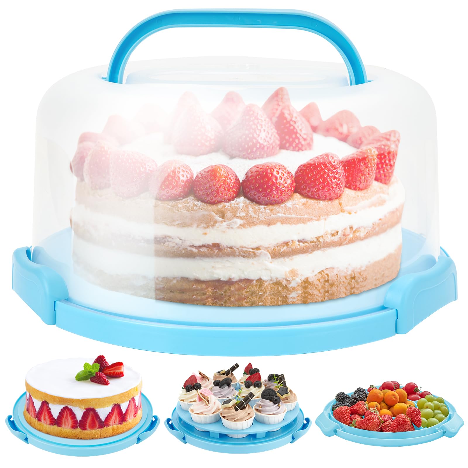 Ohuhu Cake Stand, Cake Carrier With Lid and Handle BPA-Free Cake Holder for 10 inch Cake with 2 Handles Cupcake Carrier - Plastic Cover Two Sided Base