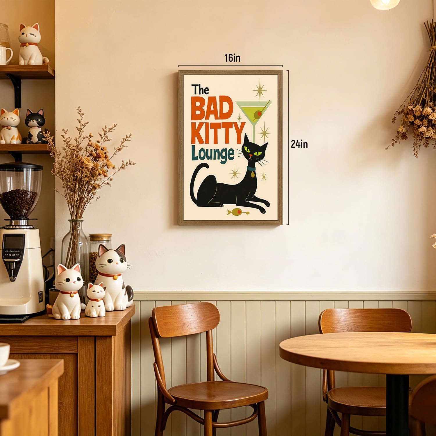 RLKHG Wood Framed Mid Century Modern Cat Wall Art, Funny Black Cat Cocktail Poster Print, Retro Martini Bar Animal Wall Decor, Vintage Lounge Artwork for Dining Room Living Room Office 12x16 Inch image 2