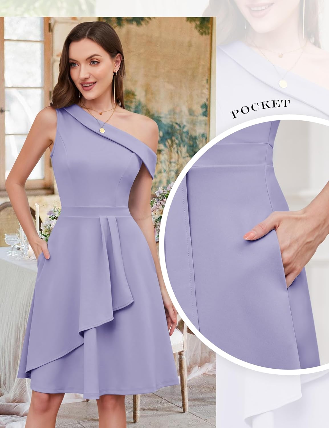 Dressystar Women One Shoulder Ruffle Wedding Guest Dress Spring A Line Wrap Knee Length Cocktail Formal Dresses with Pockets - Image 2