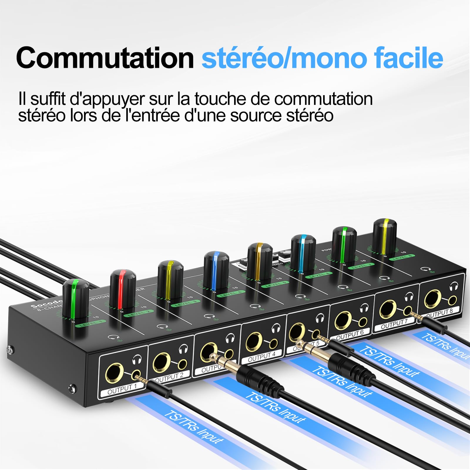 Amplificateur de Casque à 4 canaux avec Prises RCA 3,5 mm/6,35 mm, mélangeur Compact en métal avec 8 Ports de Sortie pour Casque, Interrupteur stéréo, Fonction muet, lumière RVB (8 canaux)