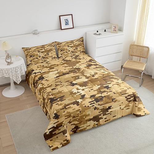 Miniatura 3 de Juego de edredón camuflaje marrón y amarillo tamaño king, juego de cama camuflaje geométrico abstracto de 3 piezas, edredón acolchado camuflaje del