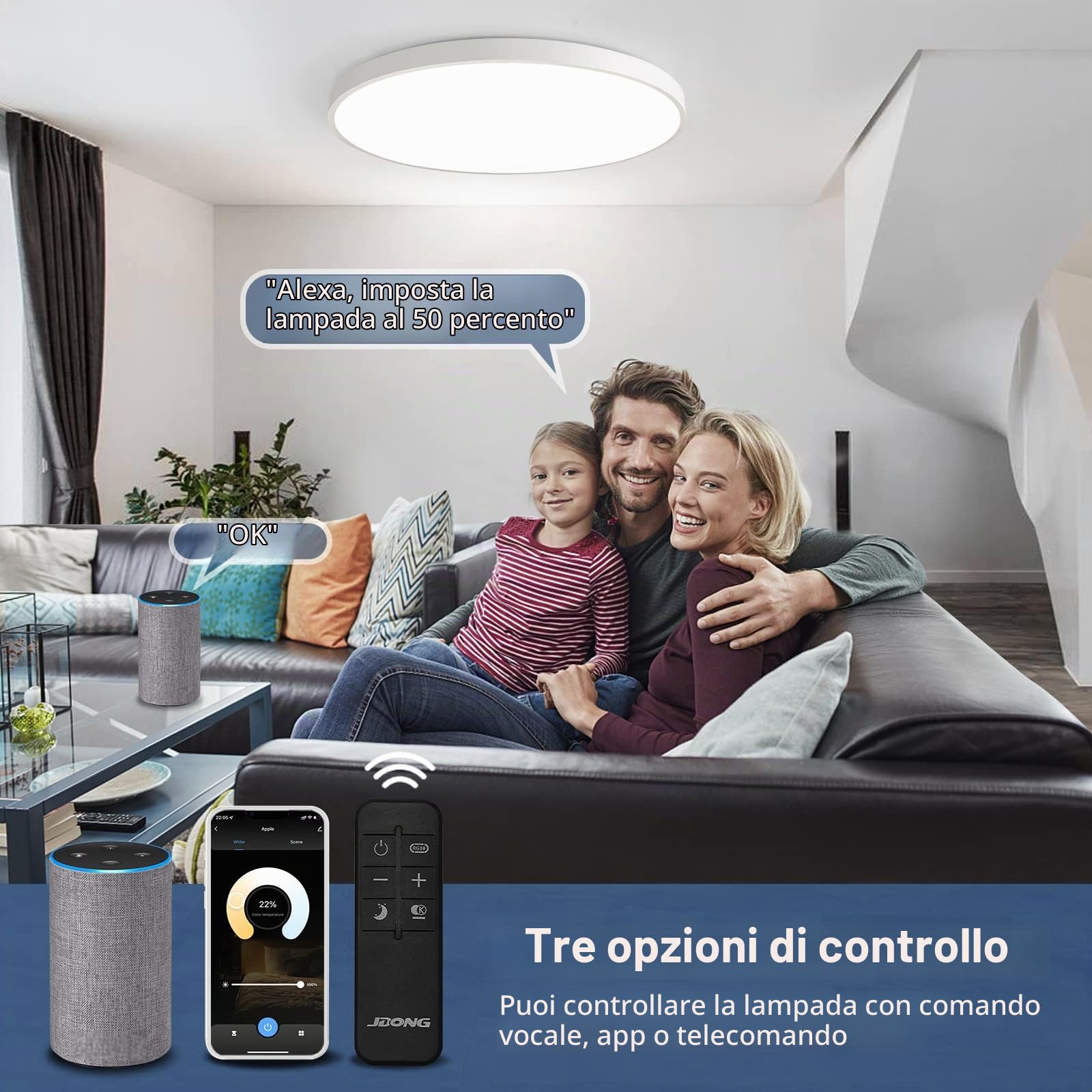 JDONG Smart 54W LED Plafoniera Dimmerabile Wifi Compatibile con Alexa e Google Home 3000-6500K Lampada piatta rotonda per Camera da letto Soggiorno Cucina Corridoio Balcone Seminterrato Ø50CM