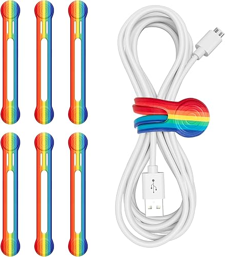 Paquete de 6 clips magnéticos para cables, correas largas de silicona, correas de cable reutilizables, organizador de cables arcoíris, organizador