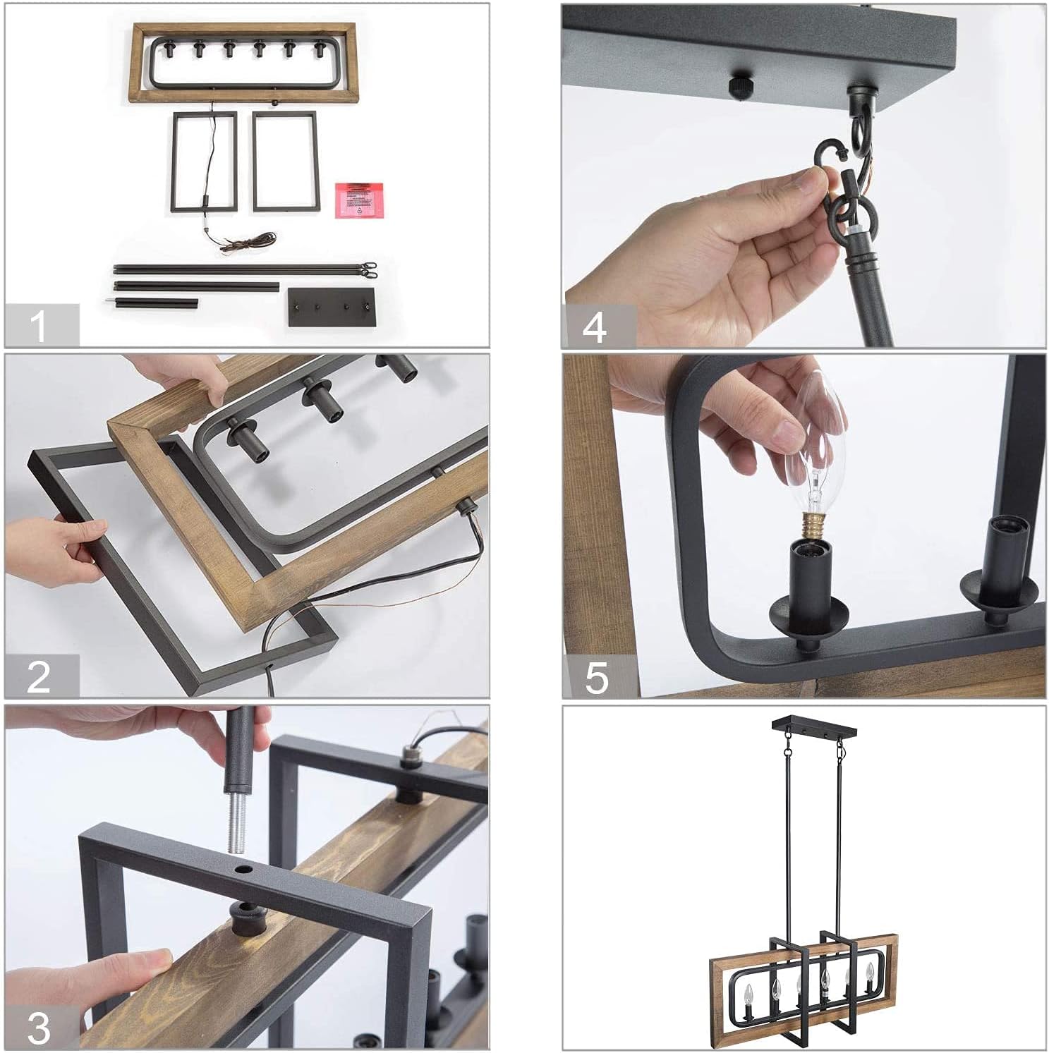Get Cheap Price Farmhouse Chandelier, Barn Light in Rustic Black Metal Finish & Rustic Wood Kitchen Island Lighting, 31.5 x 14 x 8.5 Island Lights for Kitchen