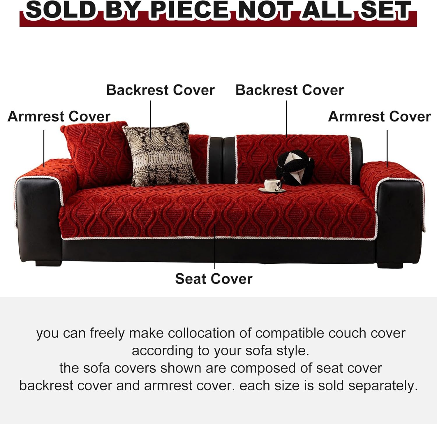 vctops Boho Fuzzy Couch Cover for Dogs Washable, Geometric Jacquard Pet Couch Covers for 3 Cushion Sofa Pet Friendly, Non Slip Sofa Cover (Red,36"x82")