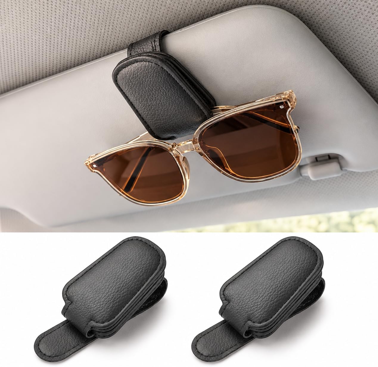 Sunglasses Holders for Car Sun Visor, 2pack Magnetic Leather Glasses Eyeglass Hanger Clip for Car, Visor Sunglasses Holder Clip Car Accessories for Truck