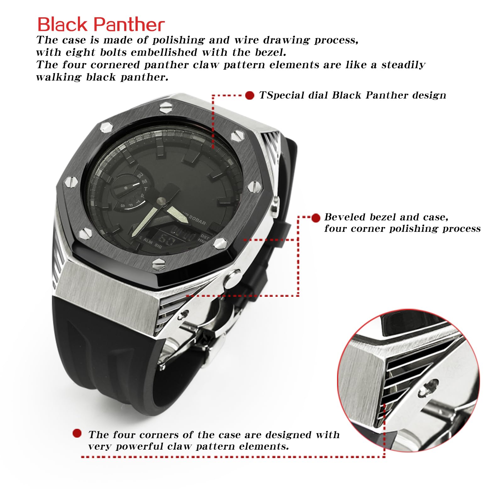 Neuupesen Panther Style Stainless Steel Case with Fluorine Rubber Strap - Modification Kit for Men's Watches Gshock GA-2100/GA-2110/GM-2100 (GA/GM2100, BP-Silver(Black)+Black)
