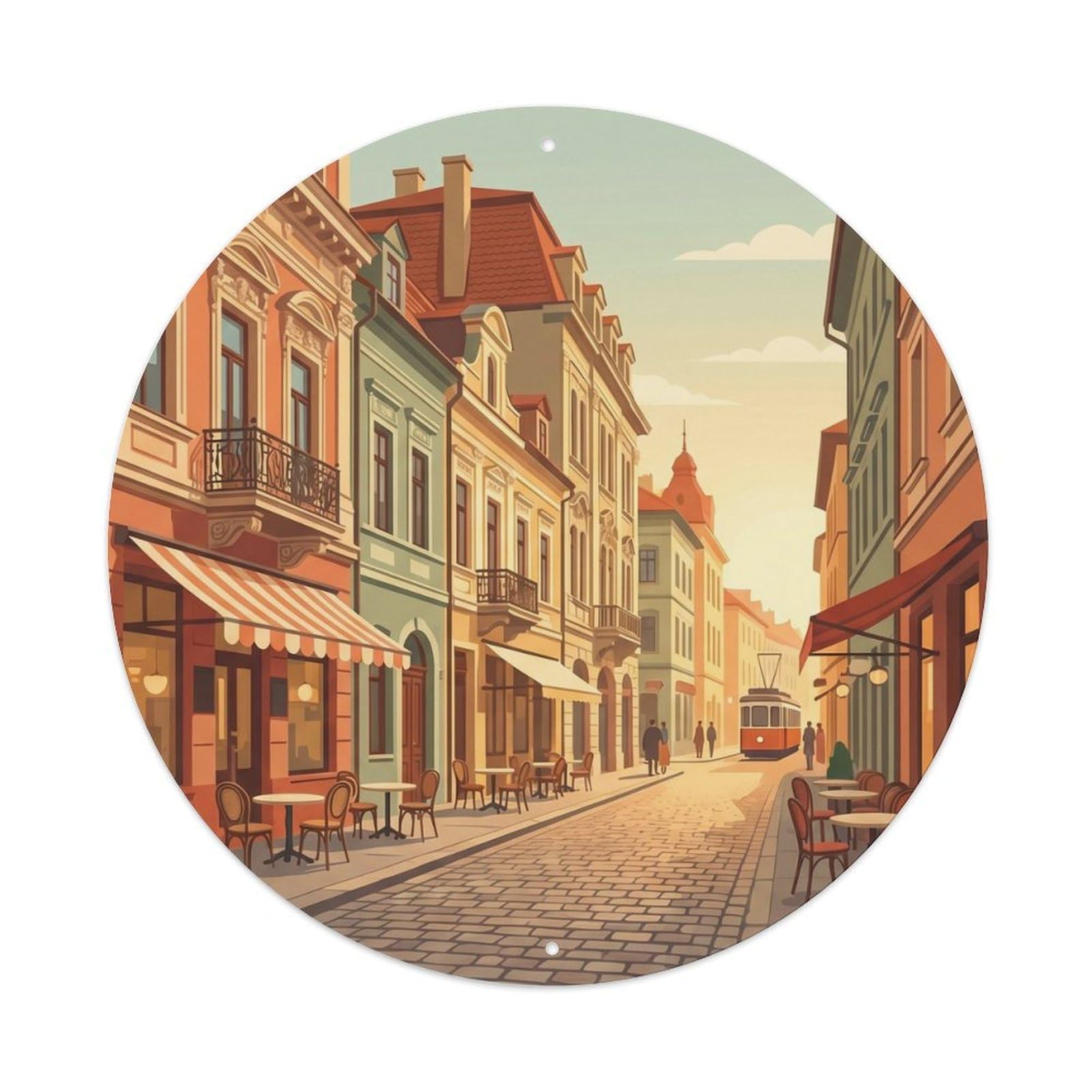 Romanian Street Destination Scenery Nostalgic Landmark Metal Tin Sign Plaque Wall Decor for Cafe, Man Cave, Club Bar, Office, Home Garden Round Metal Poster 8x8Inch