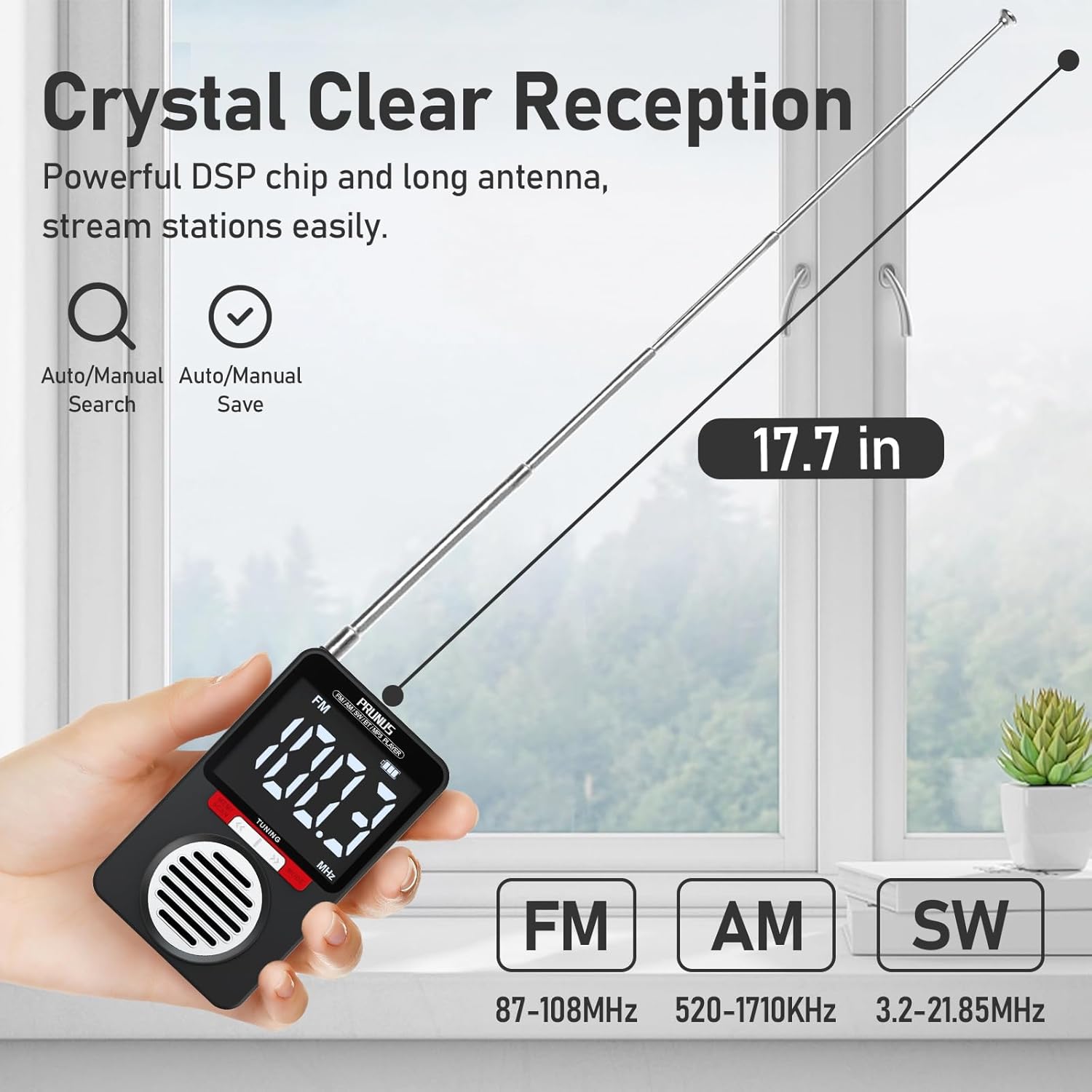 PRUNUS J-155 radio with extended antenna showing FM, AM, and SW frequency ranges.
