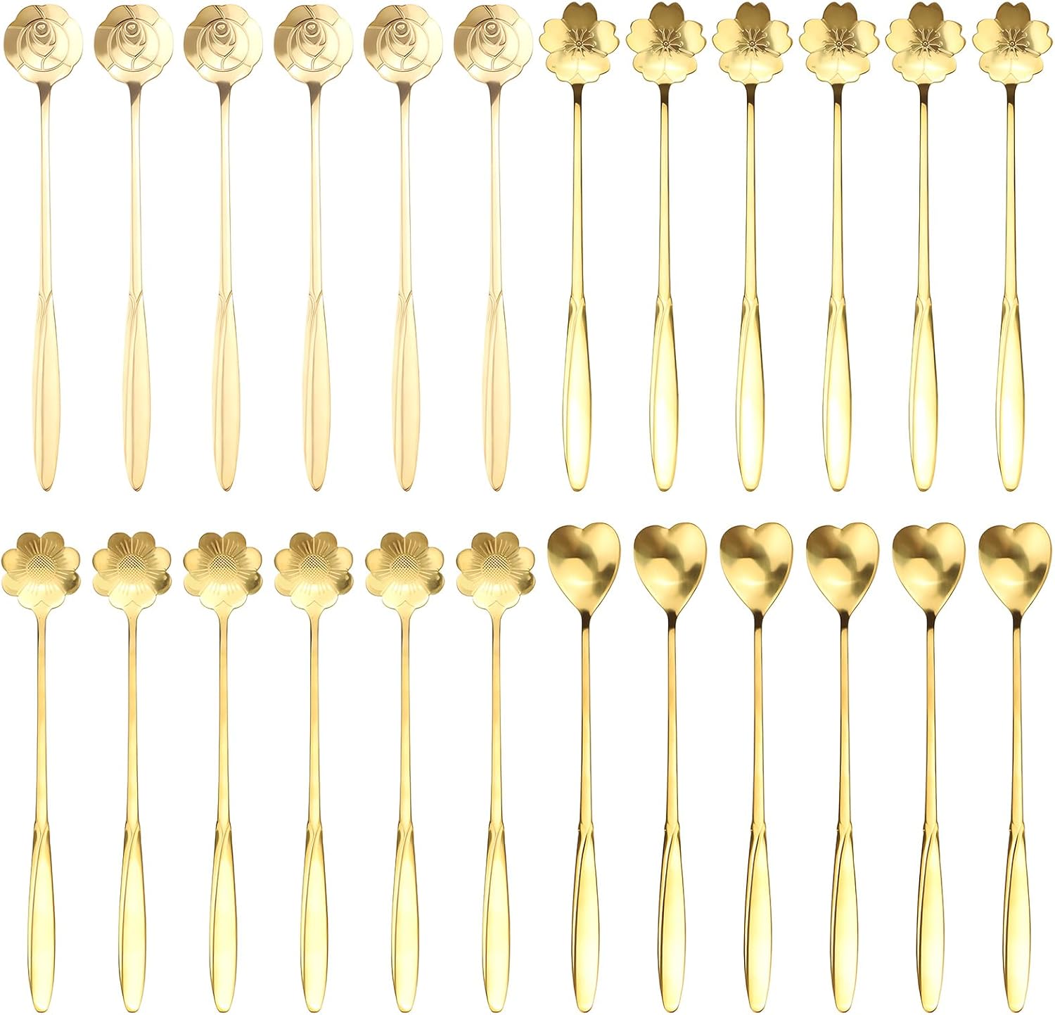 24 Pieces 4 Style Gold Espresso Coffee Spoons Set, Stainless Steel 6.8" Long Demitasse Tea Spoons Stirrer, Flower & Heart Shape Teaspoons for Stirring Mixing Milkshake Dessert Cafe Bar (Gold)