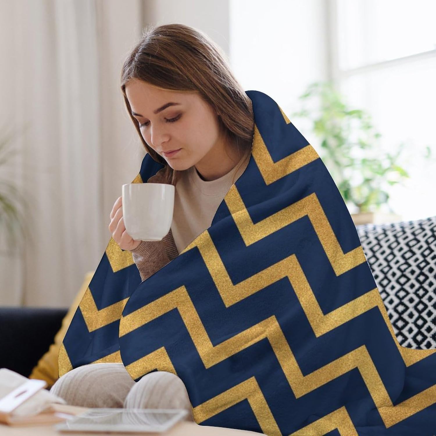 Plush Soft Blanket Navy Blue Gold Chevron Fuzzy Cozy Warm Throw Blankets for All Season Sofa, Couch, Bed, Camping, Travel 50" x 60"