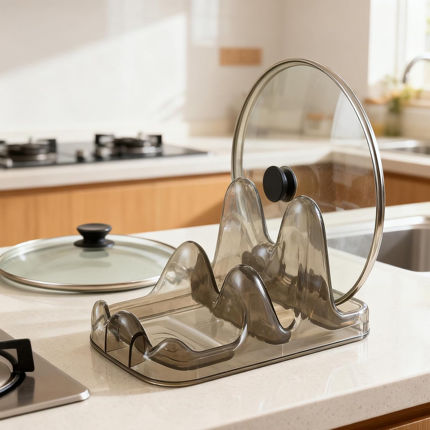 2 Pack Double-Layer Pot Lid Organizer, Plastic Lid Holder for Kitchen Cabinet & Countertop, White & Gray Pot Cover Rack, Space-Saving Kitchen Storage for Lids, Plates, Cutting Boards