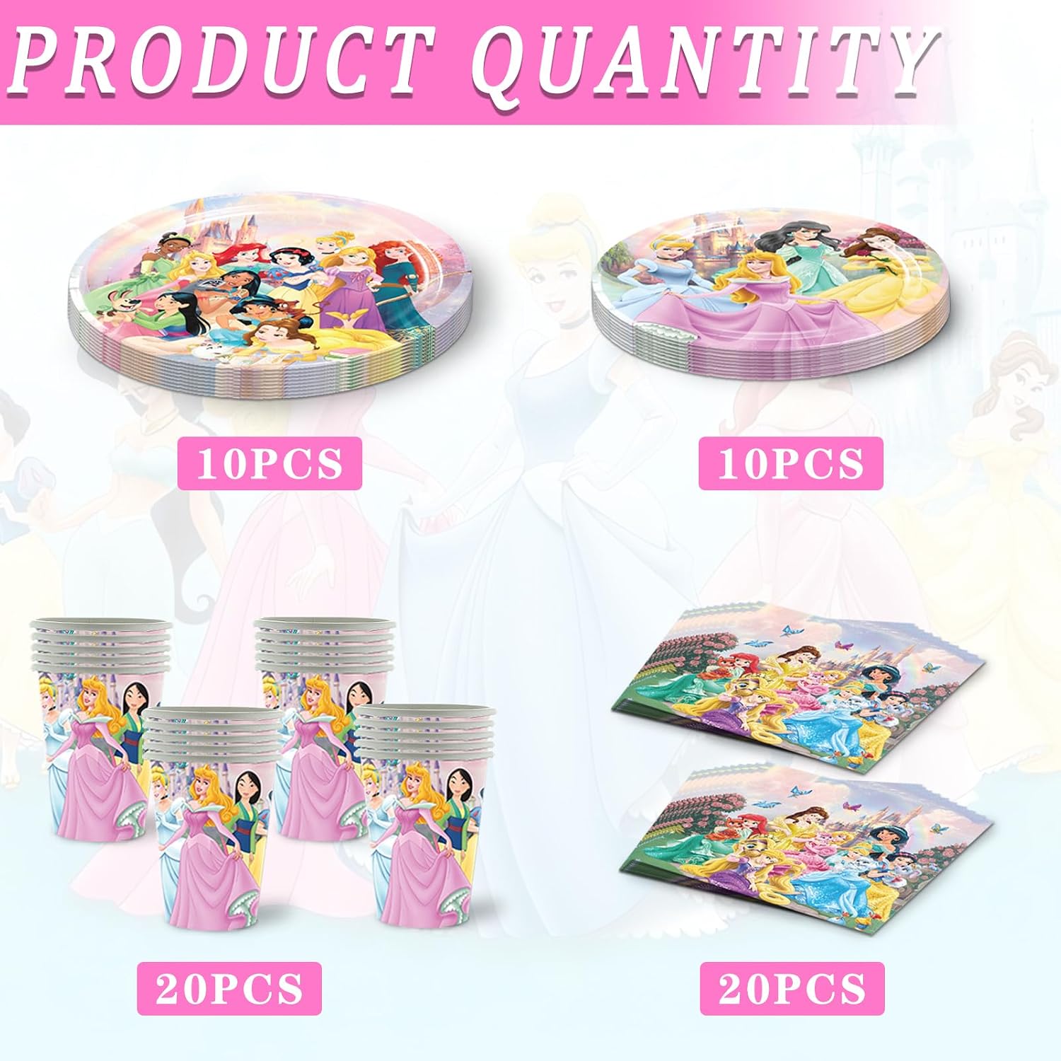 60 PCS Princess Birthday Party Supplies, Princess Tableware Set Includes 20 PCS Plates, 20 PCS Napkins, 20 Paper Cups for Party Decorations