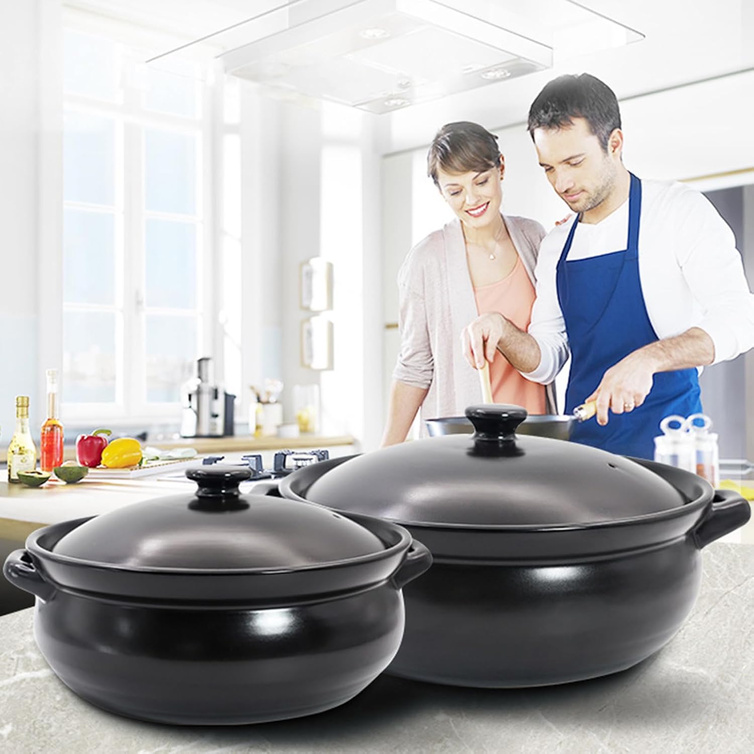 Black Ceramic Soup Tureen with Lid, Round Serving Tureen Earthenware Pot Large Capacity Stockpot Handmade Clay Pot with Handle for Home Restaurant, Microwave and Dishwasher Safe,5.8L