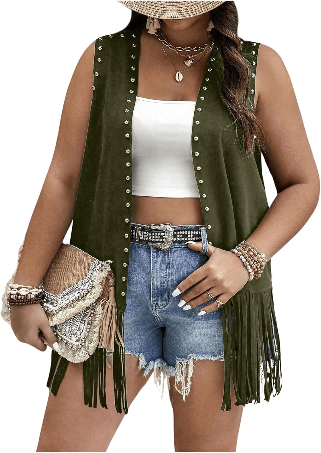 Verdusa Women's Plus Size Fringe Vest Faux Suede Rivets Sleeveless Tassel Jacket Western Cowgirl Outfits