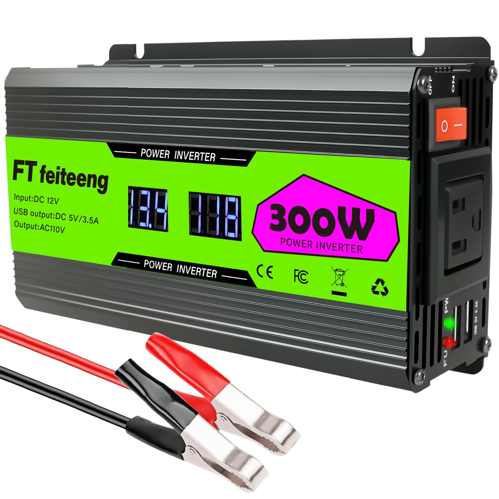 300W Power Inverter, 12V to 110/120V AC Converter with LED Display, AC Socket and 2 USB Ports for Car Truck RV Home Camping
