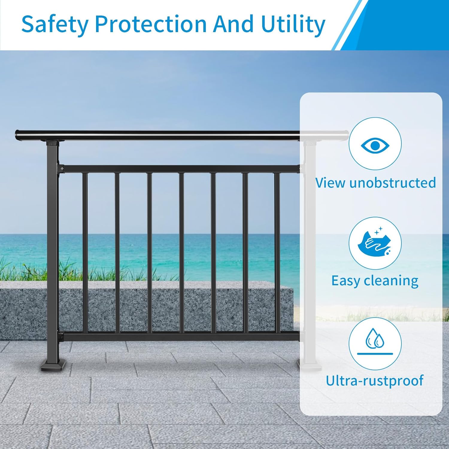Upgrade Horizontal Deck Railing Kit, 40" H x 48" W Black Heavy Duty Wrought Iron Outdoor Guard Fence Handrail, Flat Hand Rails for Porch, Balcony, Patio, Deck and Other Outdoor/Indoor Spaces