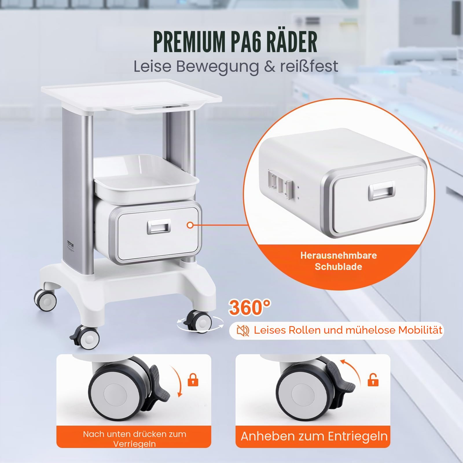 VEVOR Laborwagen Medizinwagen mit 1 Schublade und oberer Ablage, Rollbarer Laborwagen ABS Material, 50 kg belastbarer Servierwagen Medizinischer Wagen für Labor, Klinik, Krankenhaus, Salon, weiß